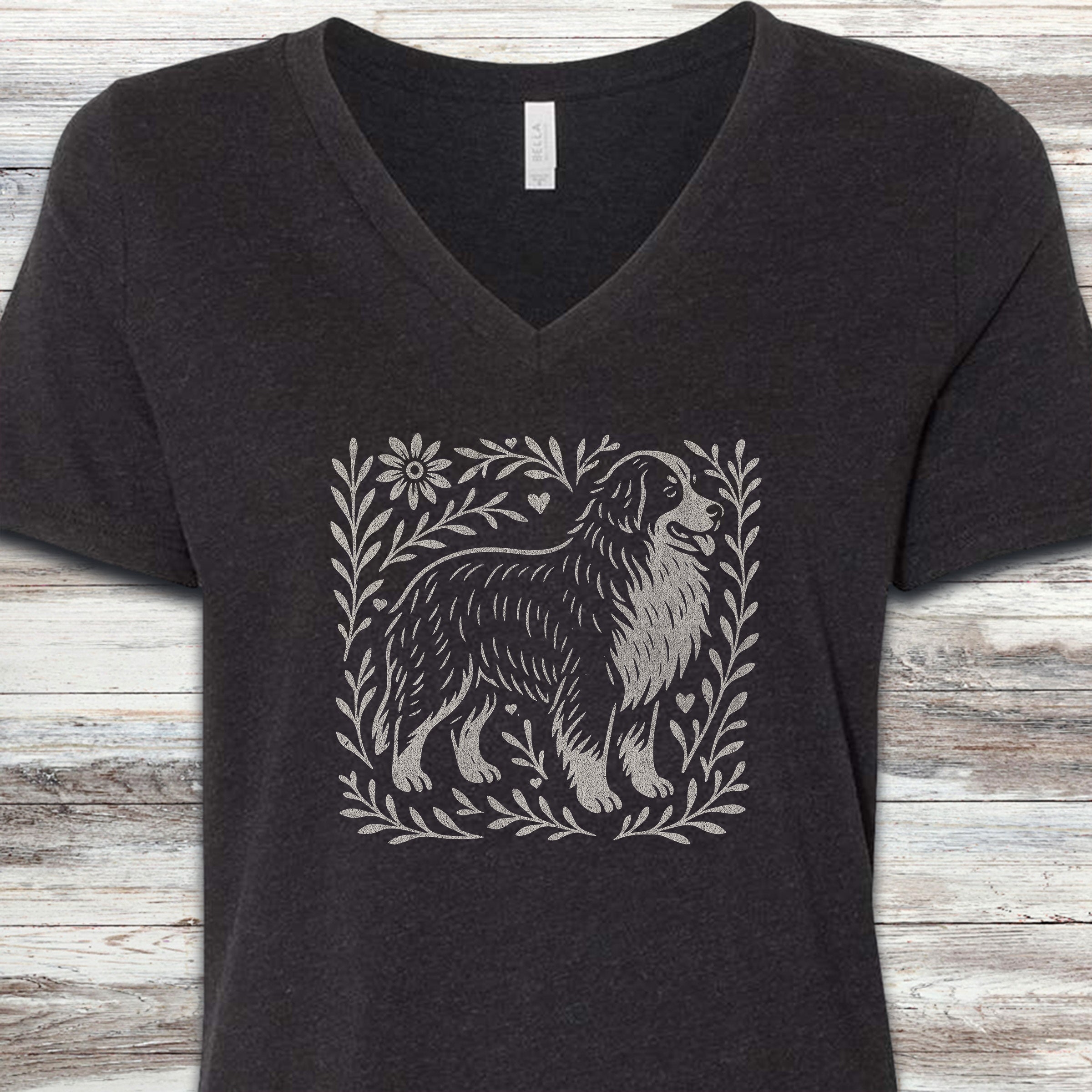 Bernese Mountain Dog Linocut V-Neck Tee - Black Heather