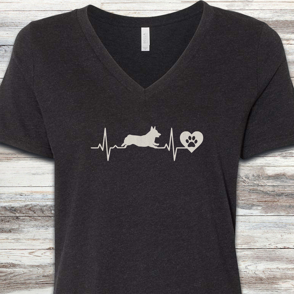 Corgi Heartbeat V-Neck Tee - Black Heather