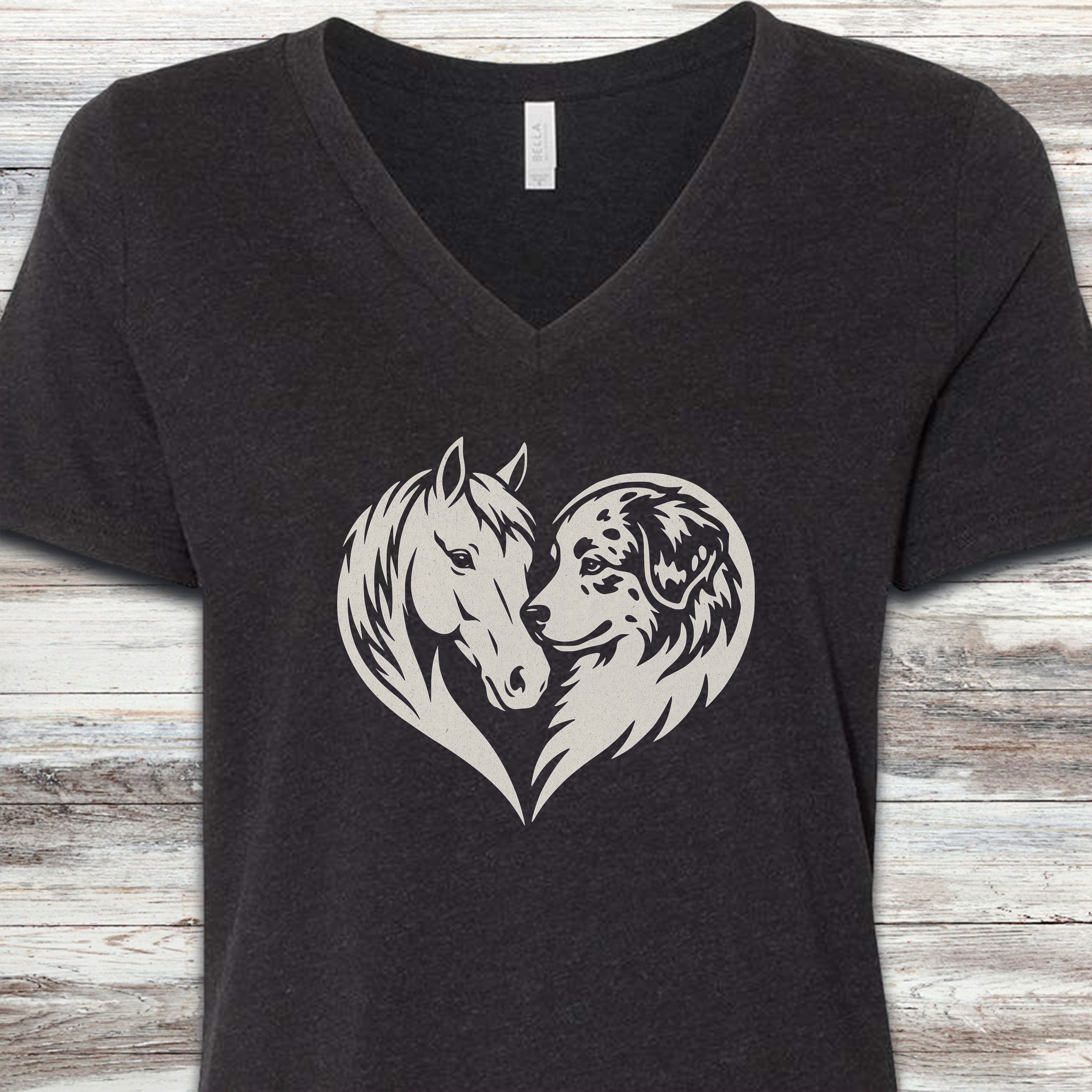 Australian Shepherd Horse Heart Bond V-Neck Tee - Black Heather