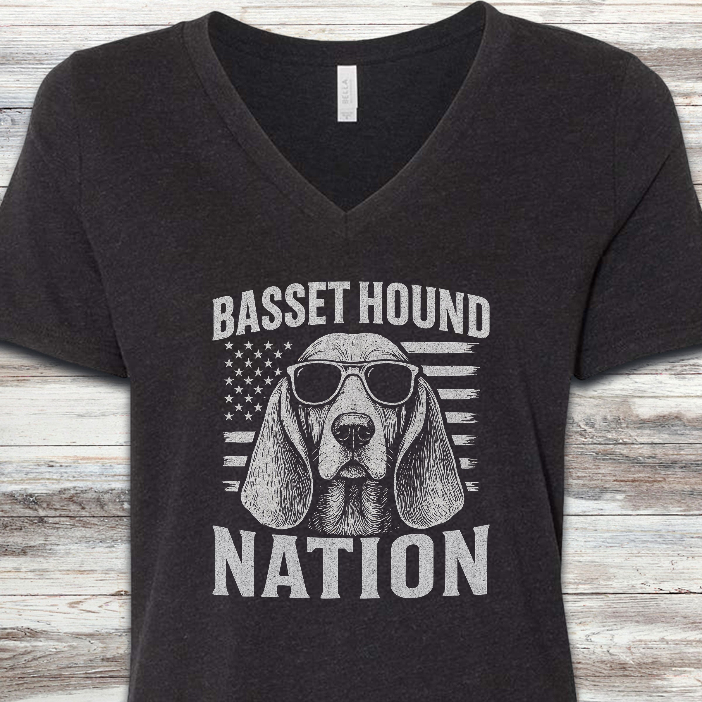 Basset Hound Nation V-Neck Tee - Black Heather