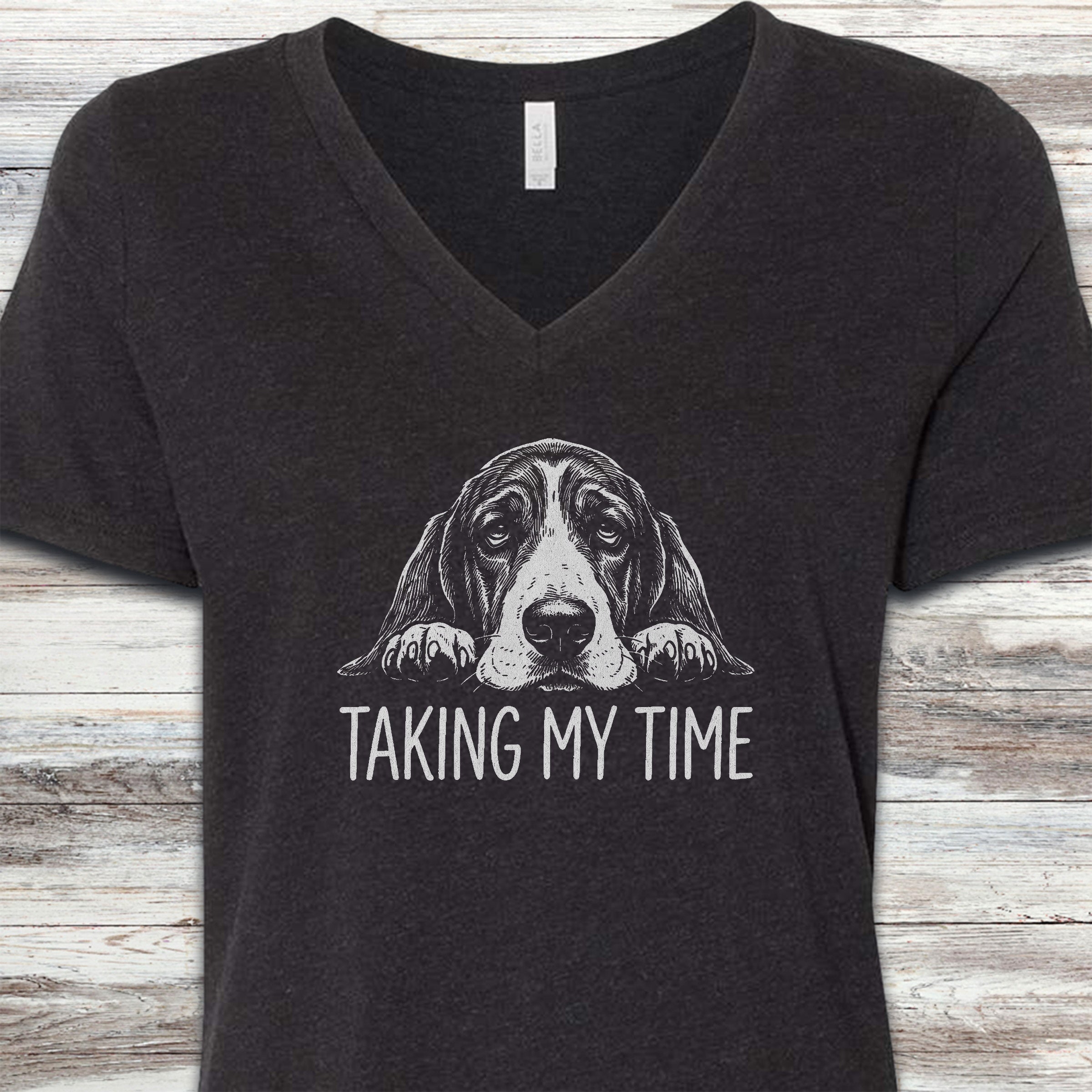 Basset Hound Time V-Neck Tee - Black Heather