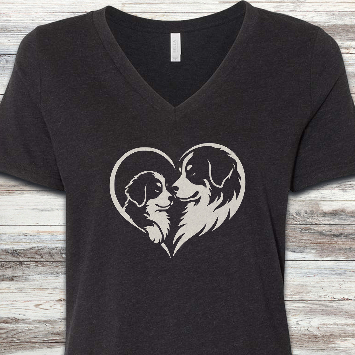 Bernese Mountain Dog Heart Bond V-Neck Tee - Black Heather