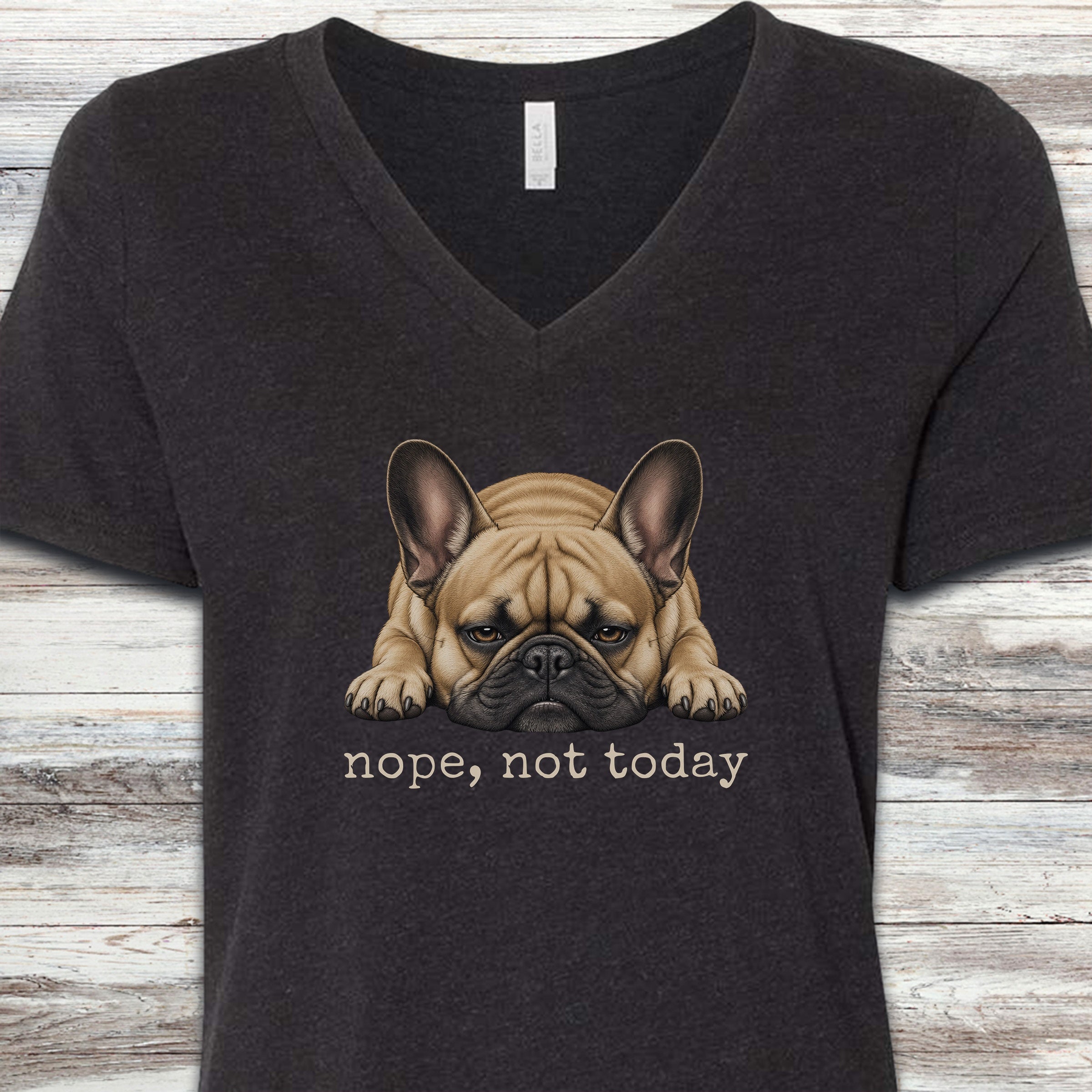 French Bulldog Nope V-Neck Tee - Black Heather