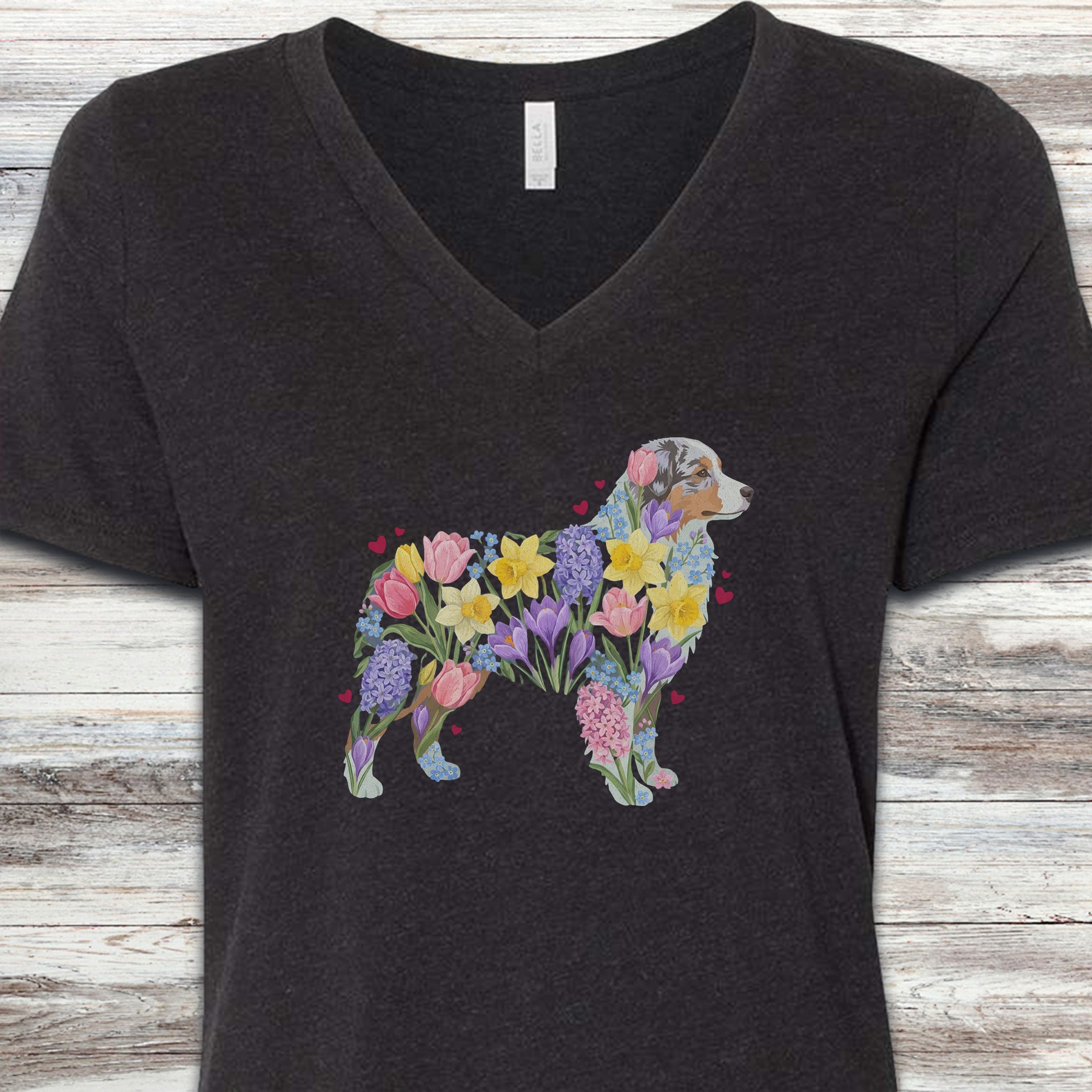 Australian Shepherd Spring Floral Silhouette V-Neck Tee - Black Heather