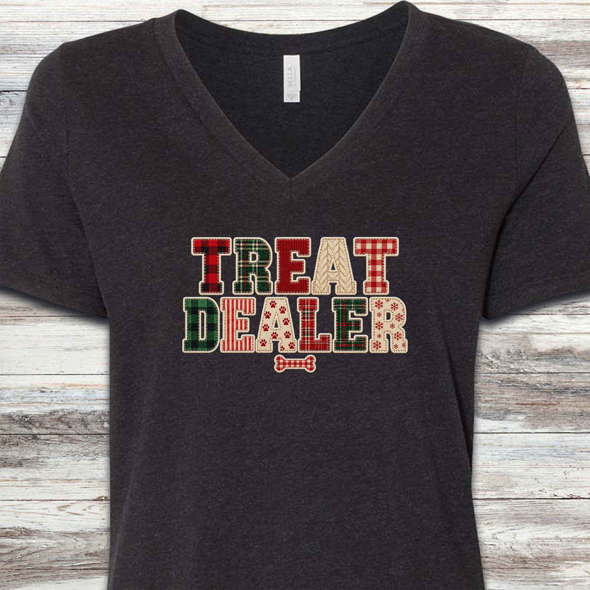 Treat Dealer Holiday Faux Patchwork V-Neck Tee - Black Heather