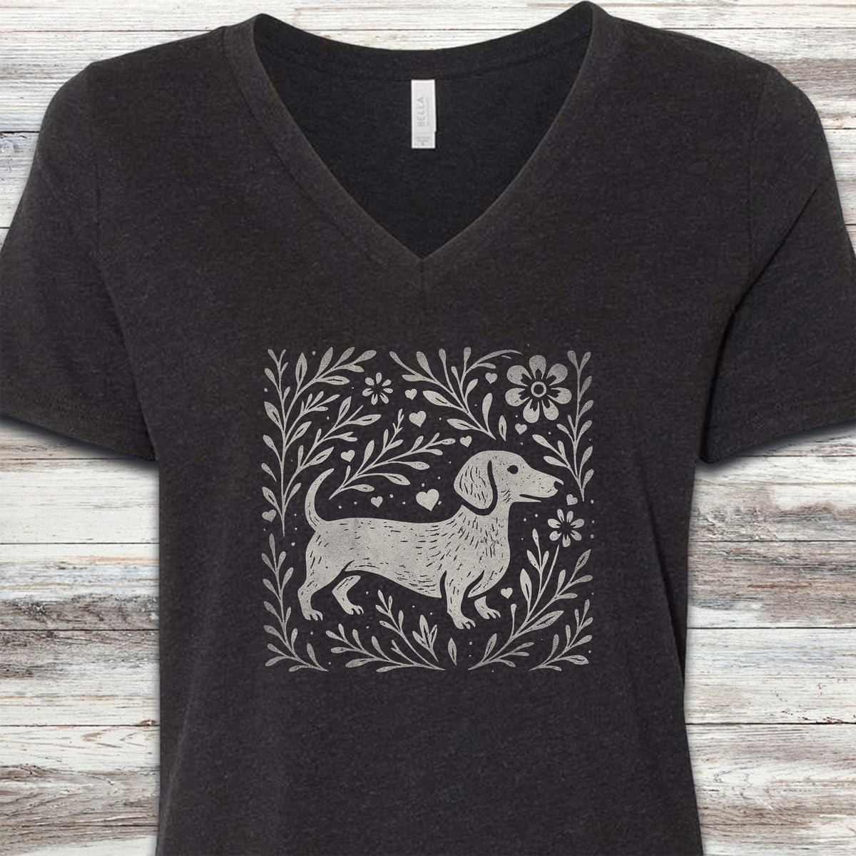 Dachshund Linocut V-Neck Tee - Black Heather
