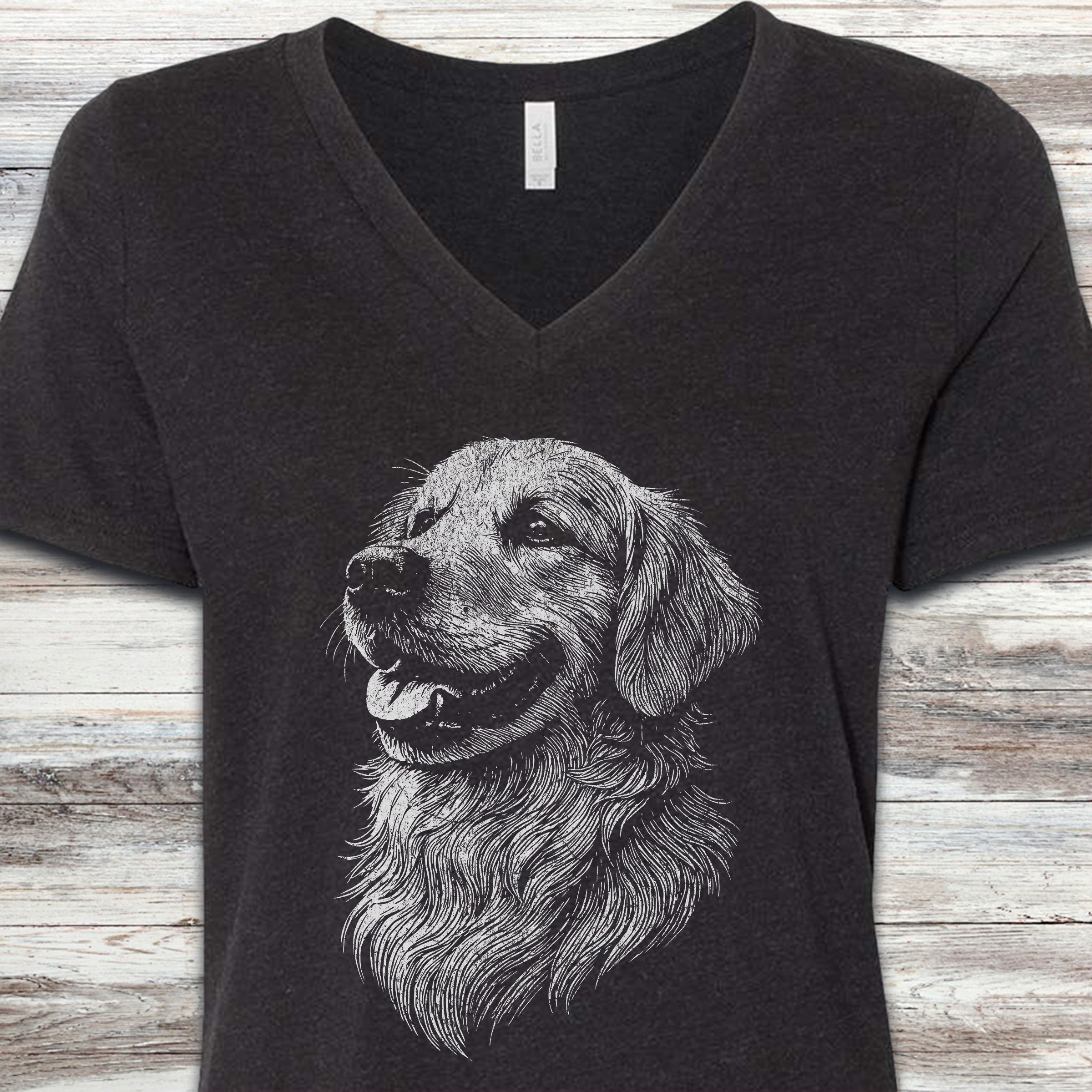 Golden Retriever Sketch V-Neck Tee - Black Heather