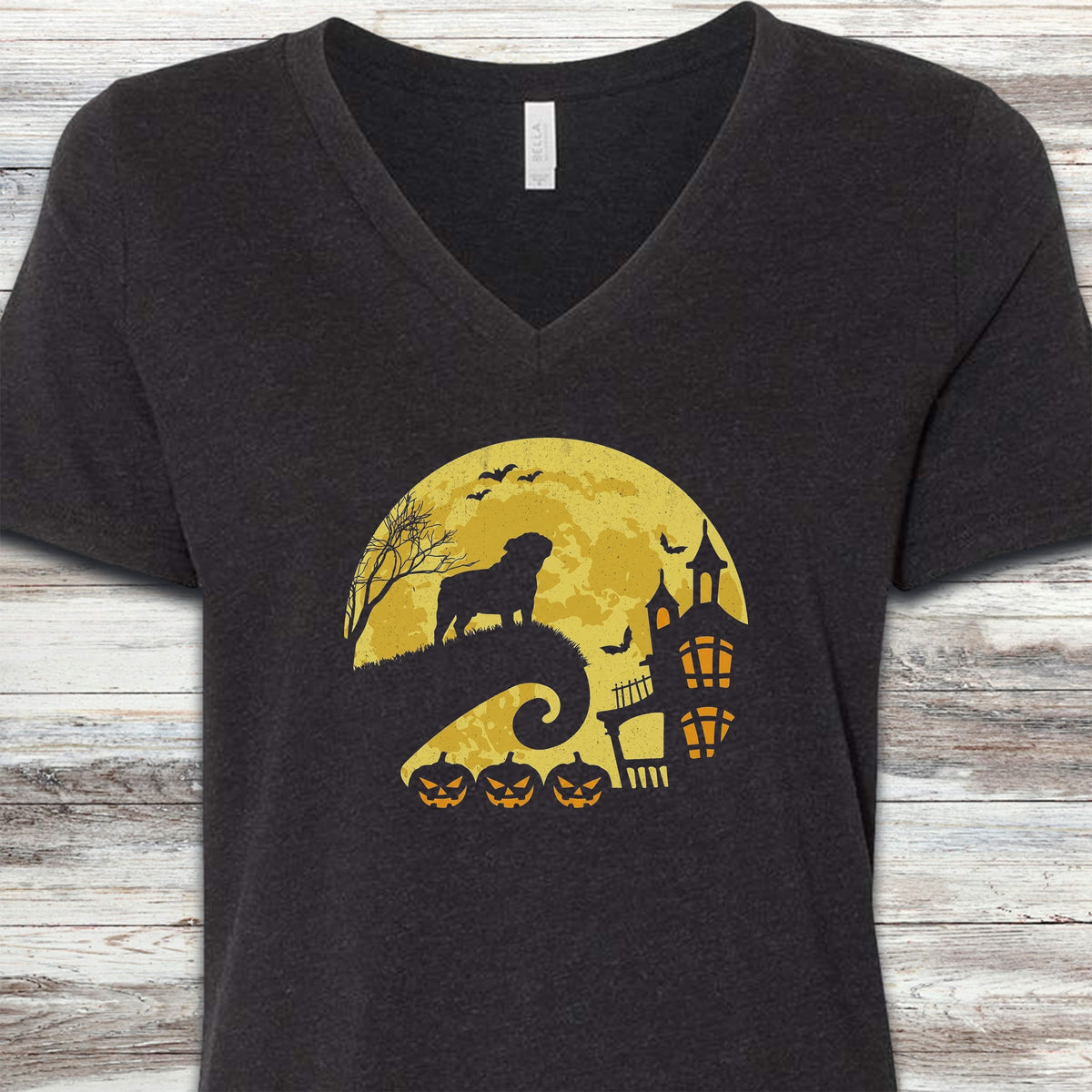 English Bulldog Halloween Moon V-Neck Tee - Black Heather
