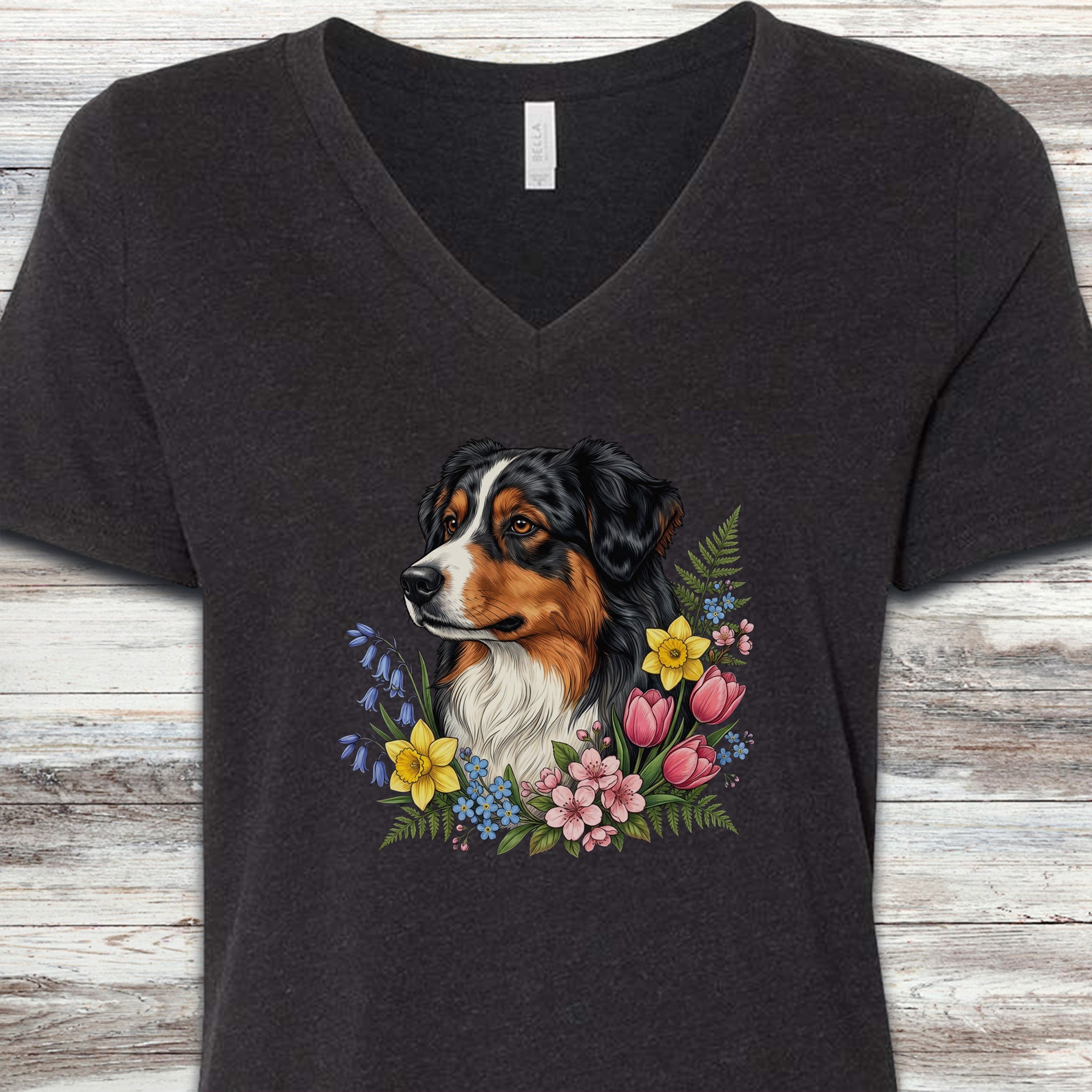 Australian Shepherd Tri Portrait V-Neck Tee - Black Heather