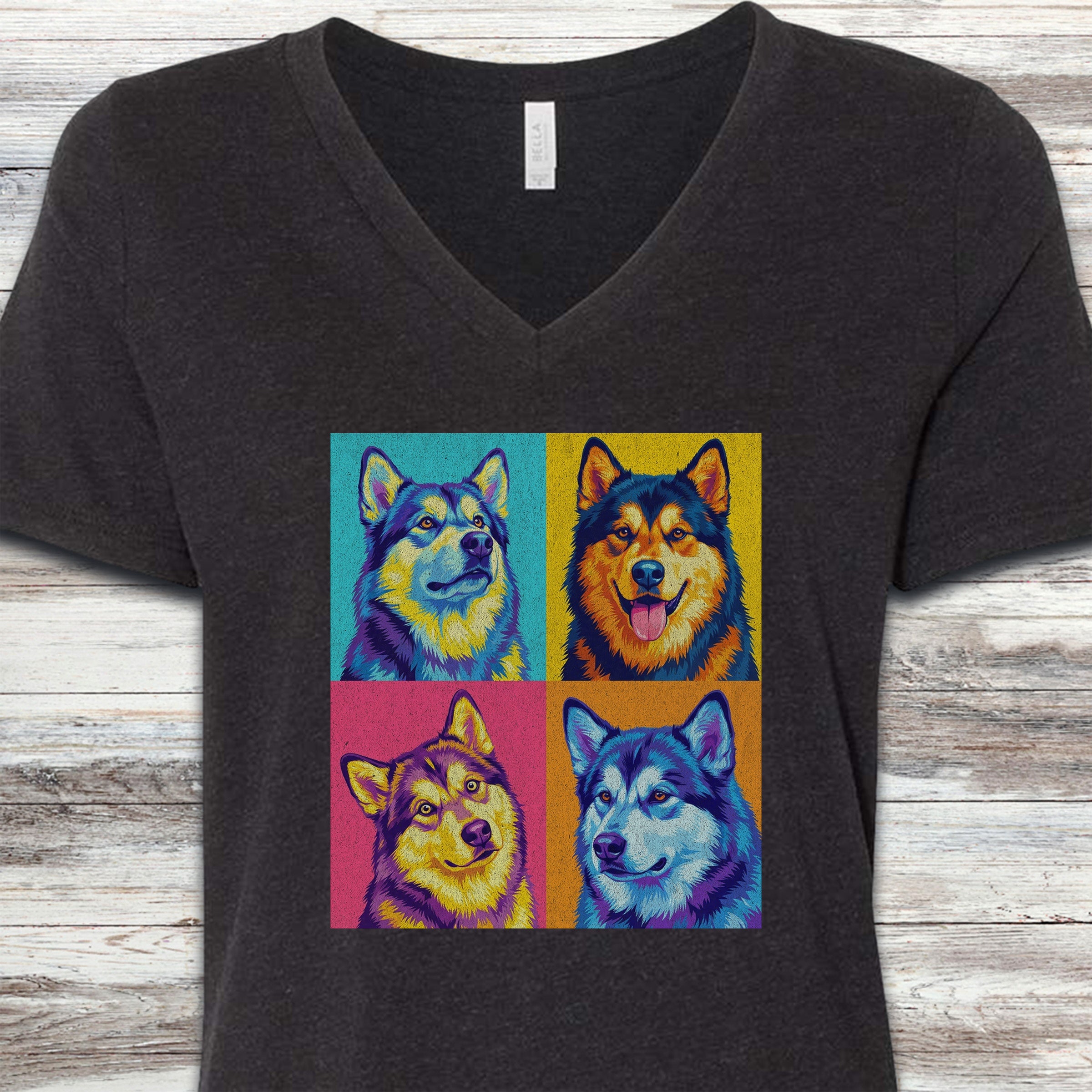 Pop Art Malamute V-Neck Tee - Black Heather