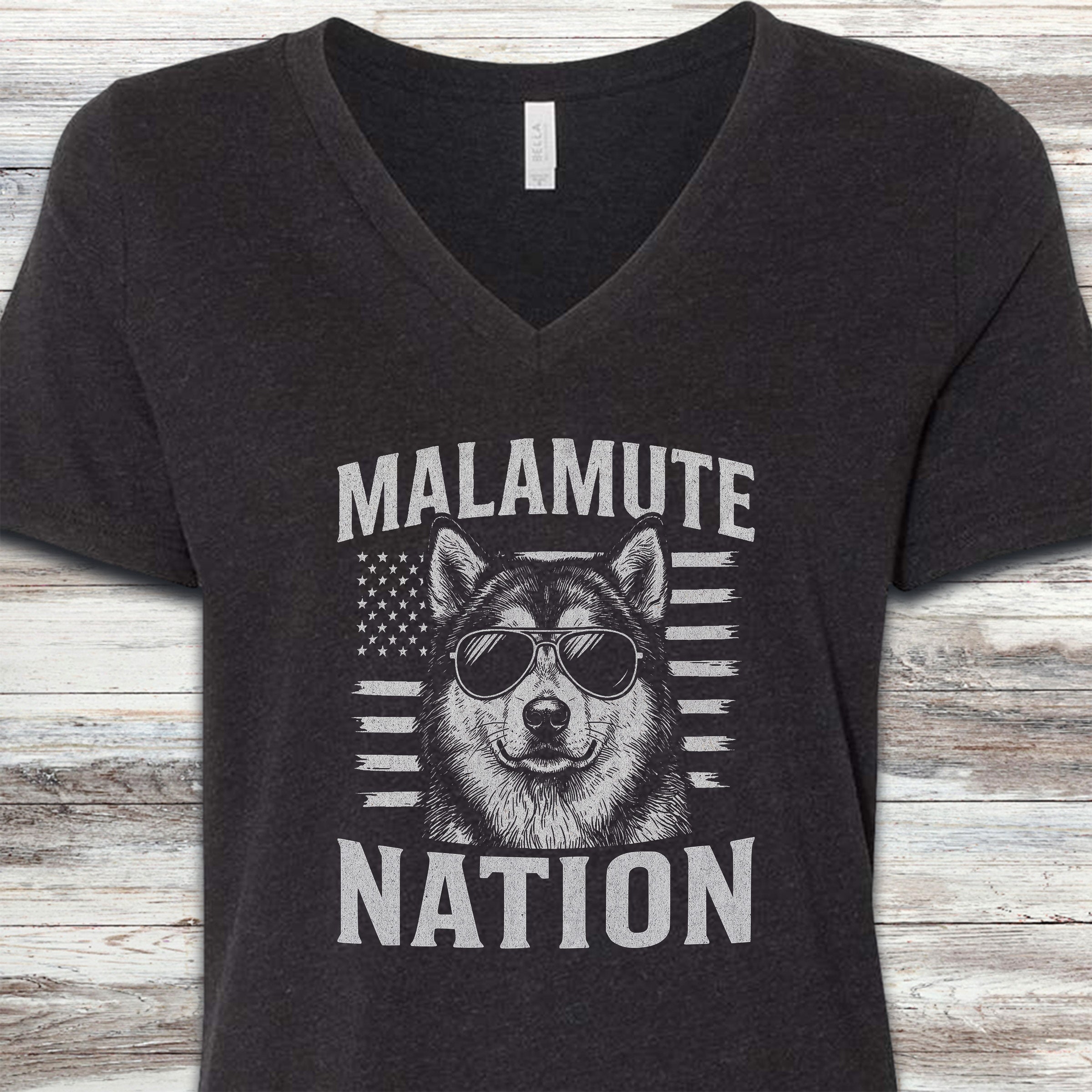 Malamute Nation V-Neck Tee - Black Heather