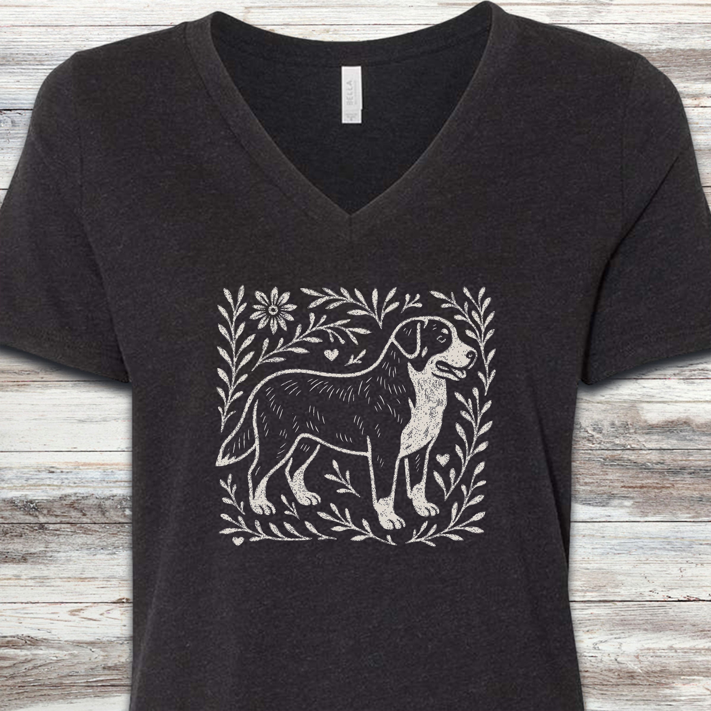Swiss Mountain Dog Linocut V-Neck Tee - Black Heather