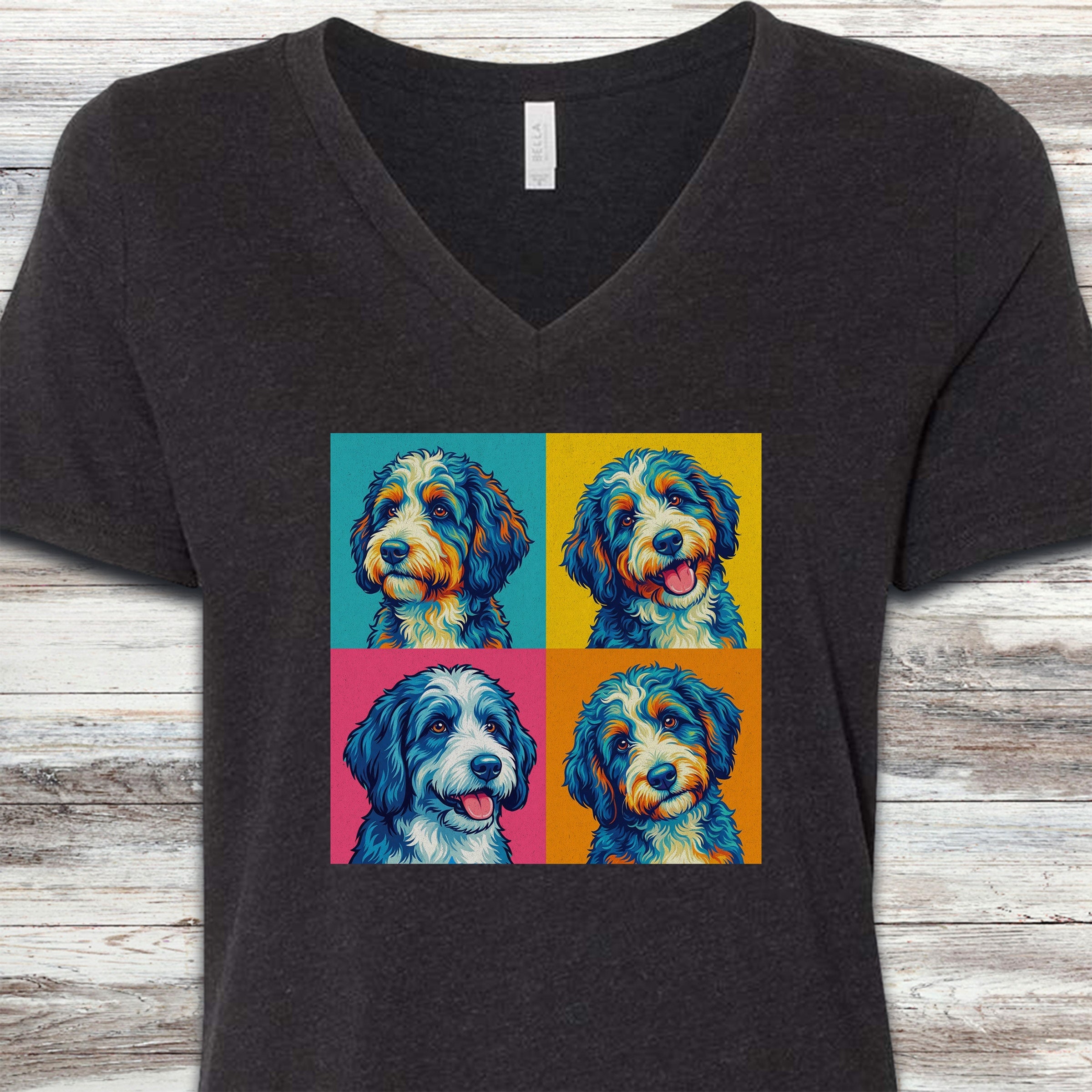 Bernedoodle Pop Art V-Neck Tee - Black Heather