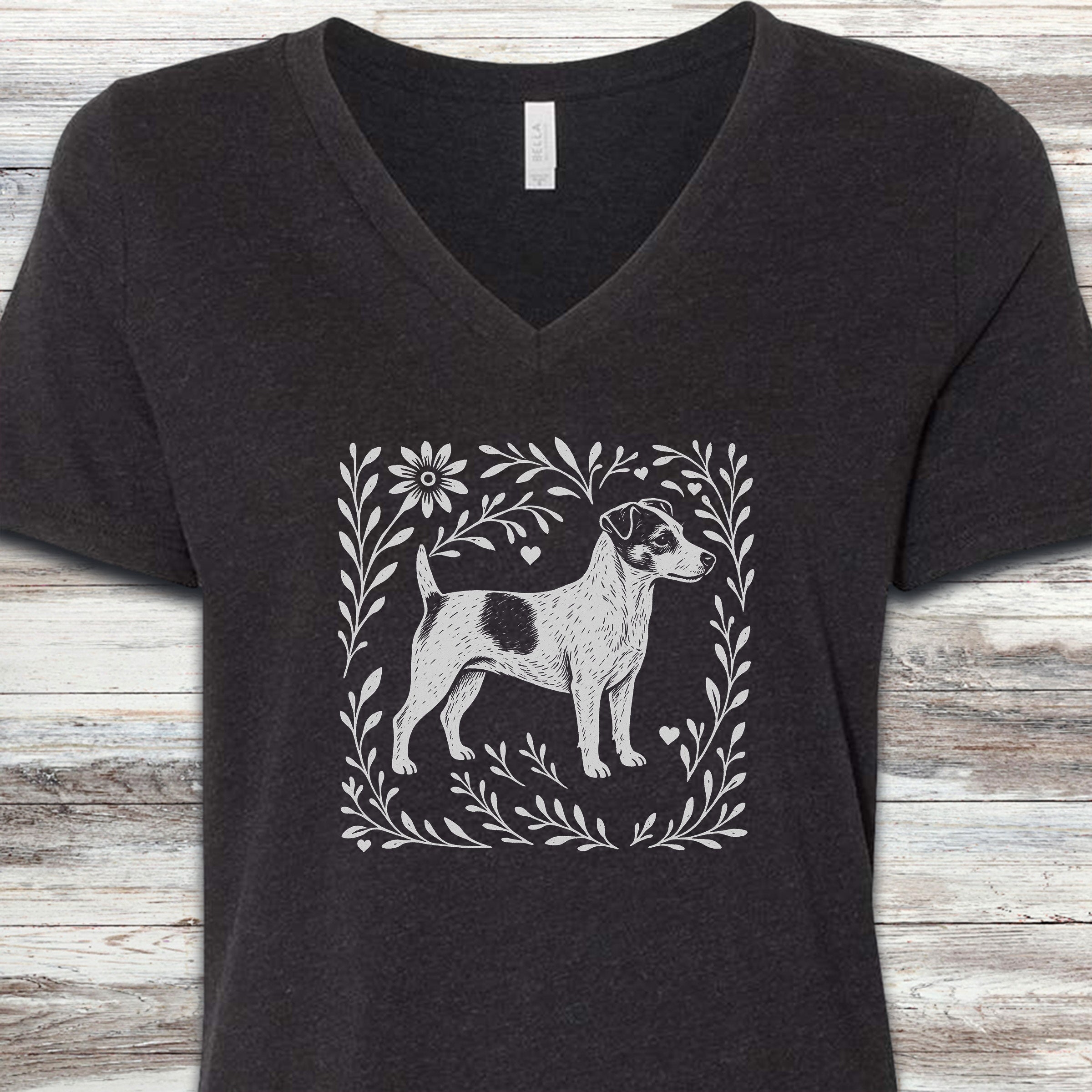 Jack Russell Linocut V-Neck Tee - Black Heather