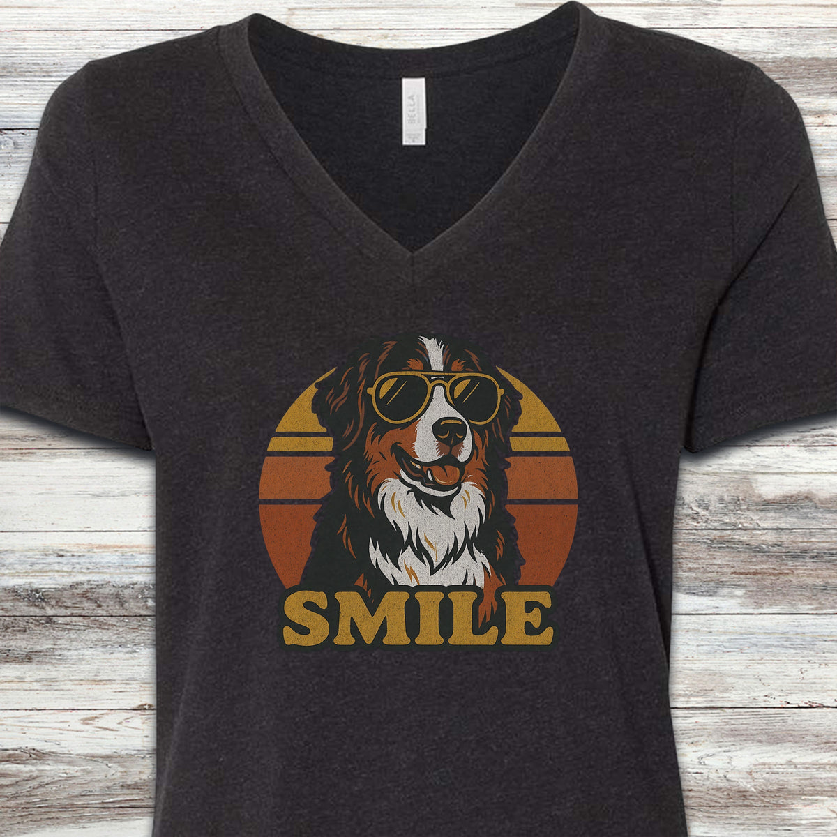 Bernese Mountain Dog Smile V-Neck Tee - Black Heather
