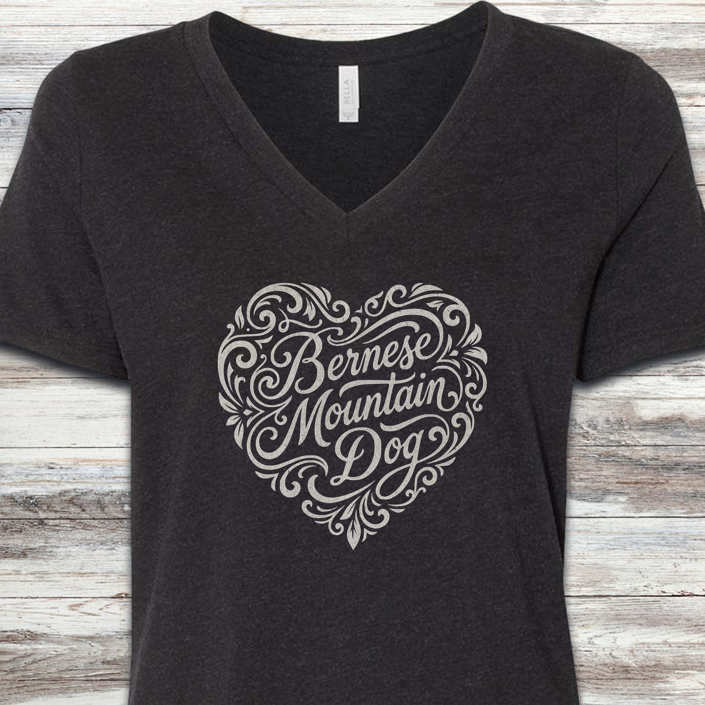 Bernese Mountain Dog Heart Script V-Neck Tee - Black Heather