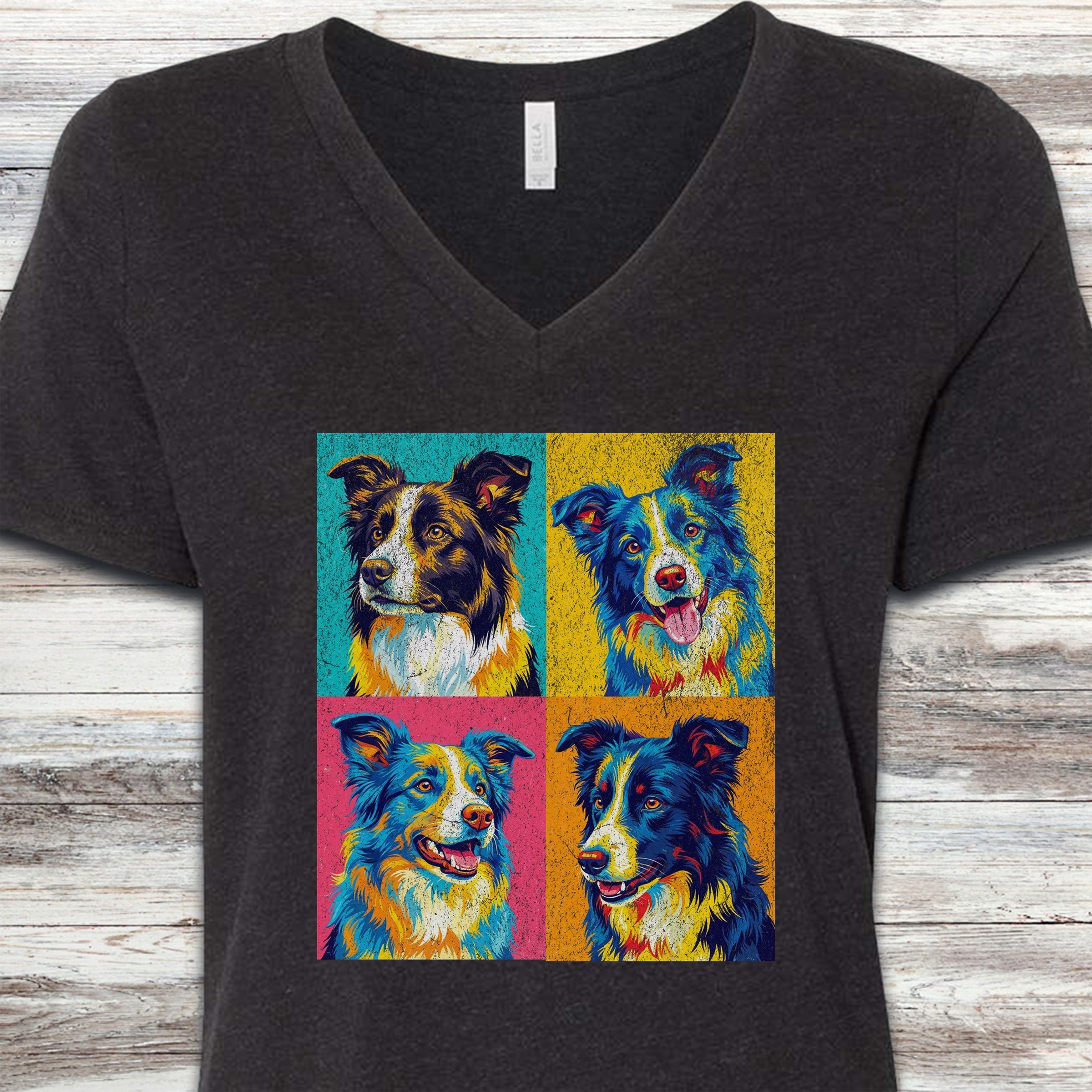 Border Collie Pop Art V-Neck Tee - Black Heather