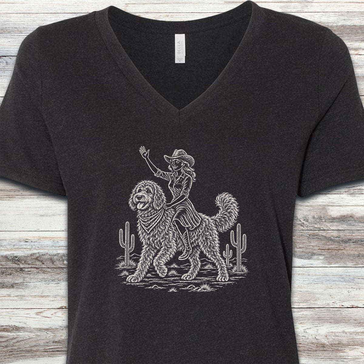 Doodle Cowgirl V-Neck Tee - Black Heather