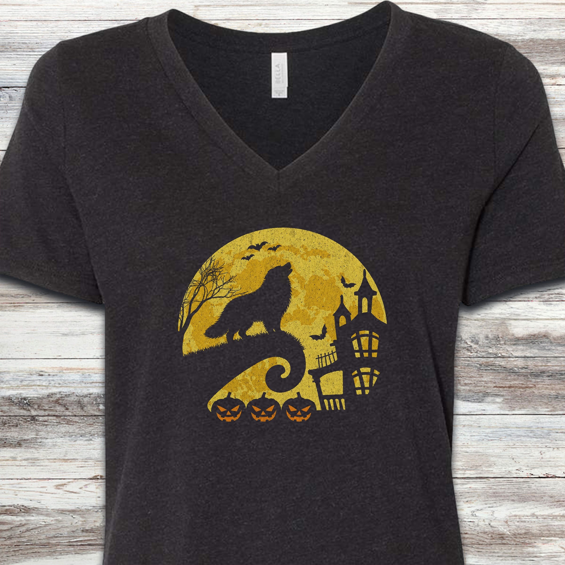 Great Pyrenees Halloween Moon V-Neck Tee - Black Heather