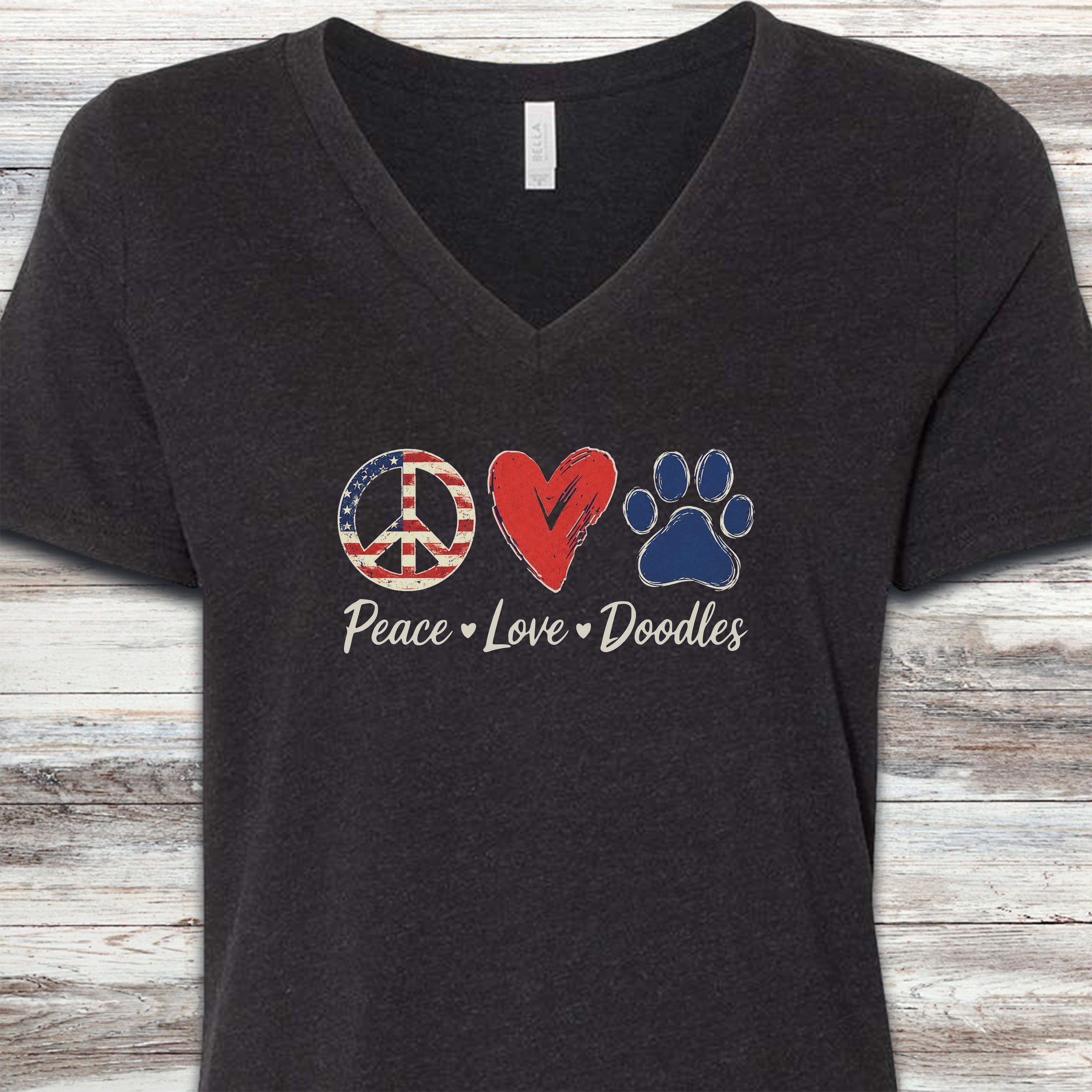 Peace Love Doodles USA V-Neck Tee - Black Heather