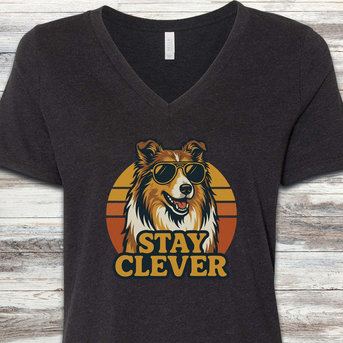 Rough Collie Stay Clever V-Neck Tee - Black Heather