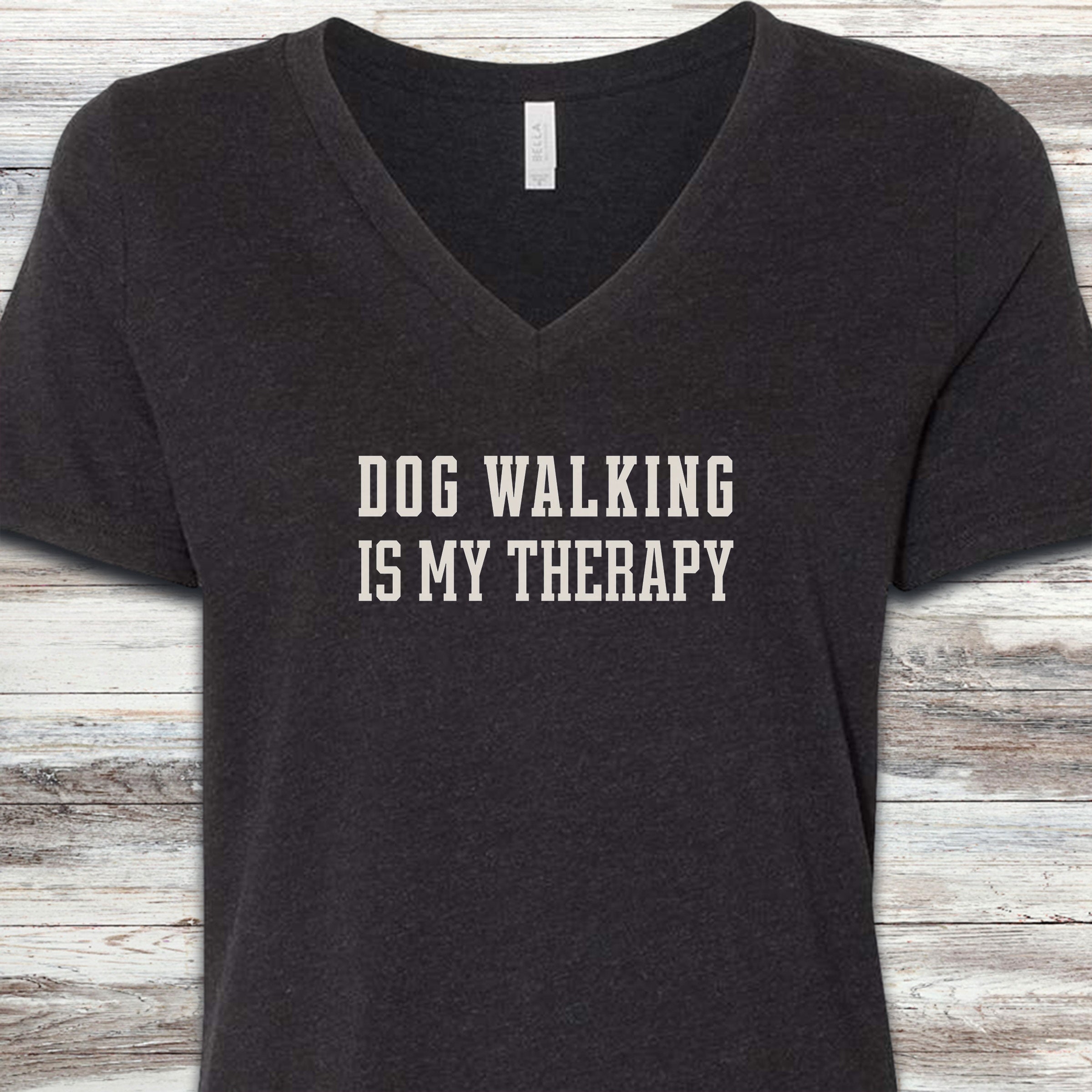 Dog Walking Therapy V-Neck Tee - Black Heather