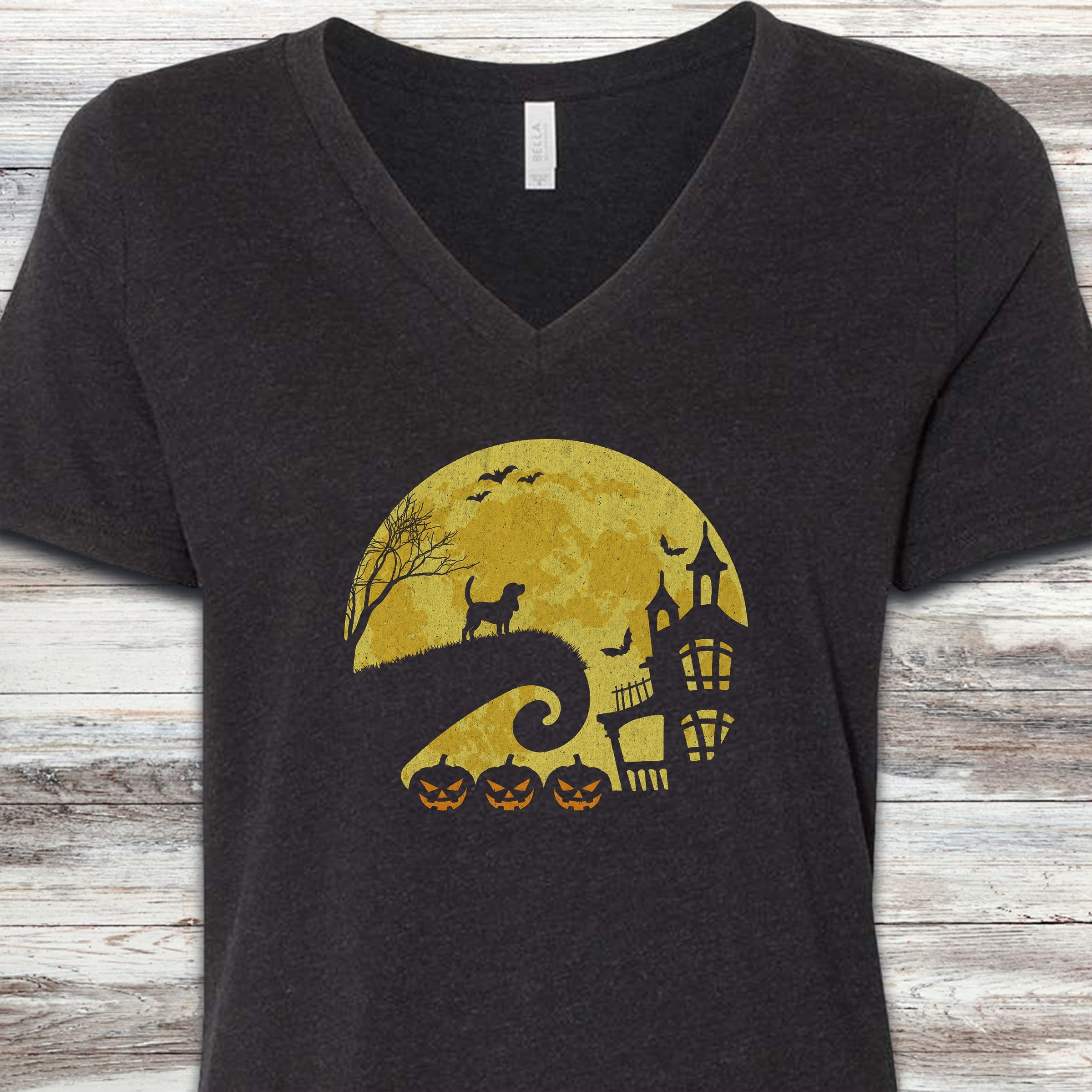 Beagle Halloween Moon V-Neck Tee - Black Heather