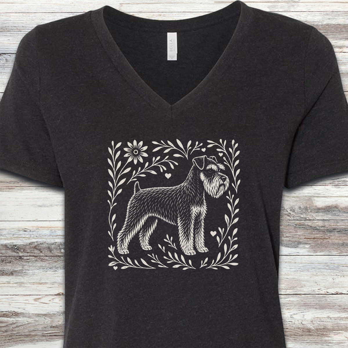 Schnauzer Linocut V-Neck Tee - Black Heather