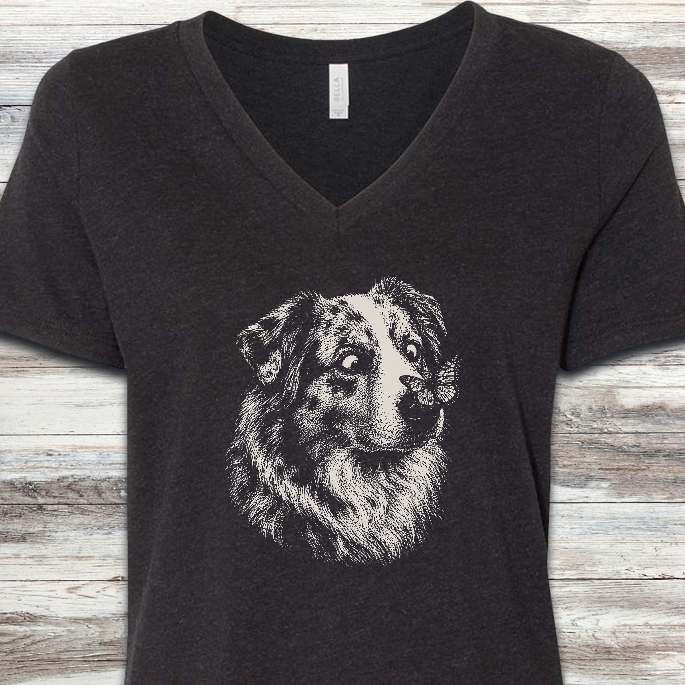 Australian Shepherd Butterfly V-Neck Tee - Black Heather