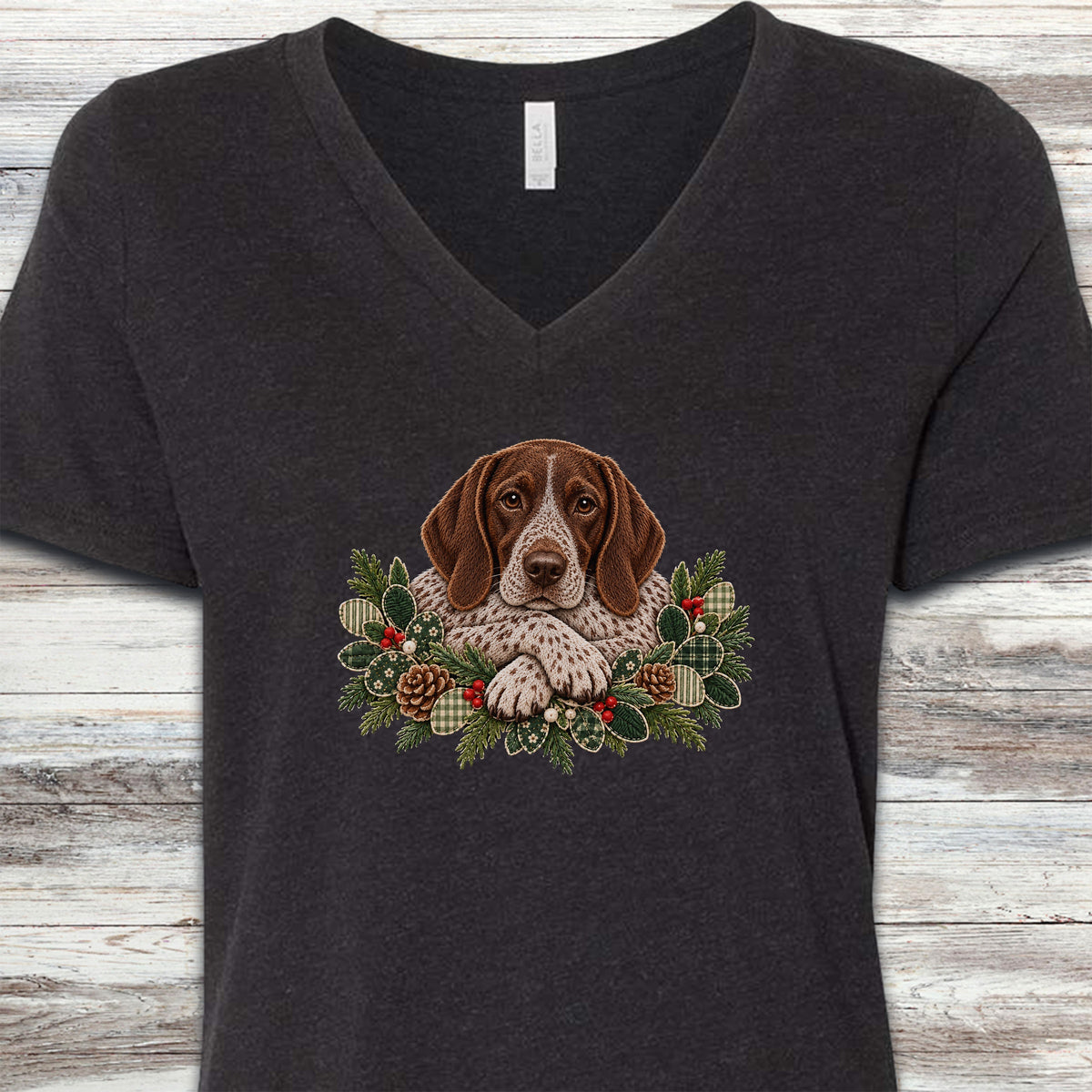 German Shorthaired Pointer Winter Greenery Faux Embroidery V-Neck Tee - Black Heather