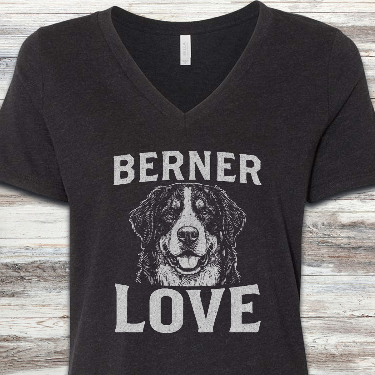 Bernese Mountain Dog Love Portrait V-Neck Tee - Black Heather