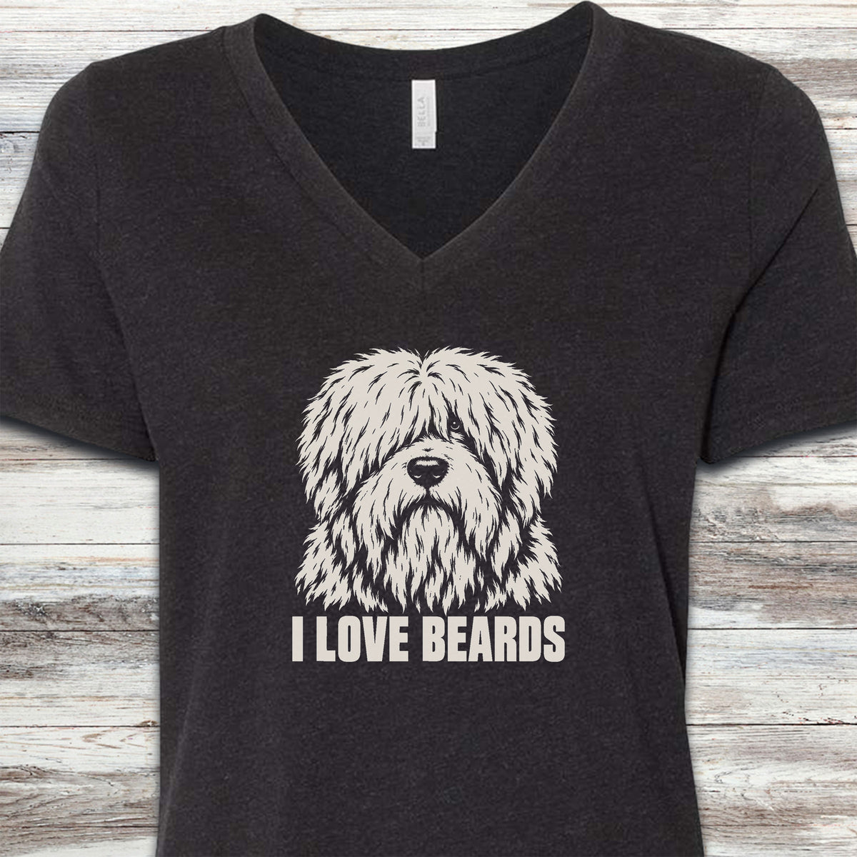 Old English Sheepdog I Love Beards V-Neck Tee - Black Heather