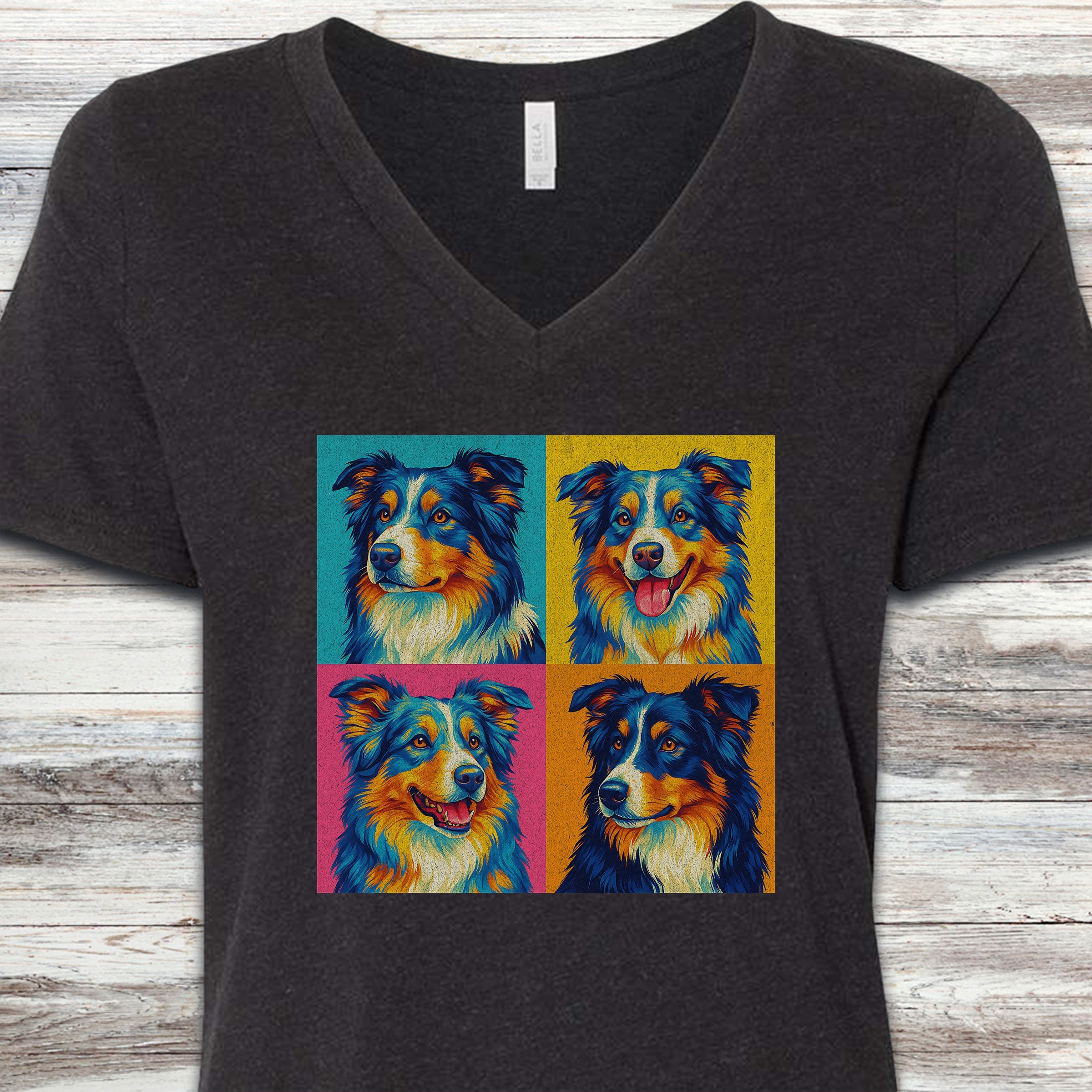 Australian Shepherd Pop Art V-Neck Tee - Black Heather