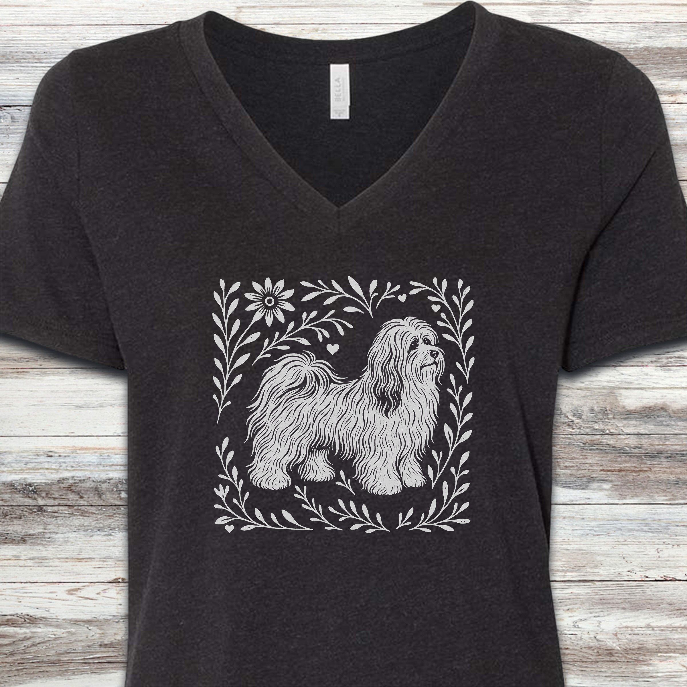 Havanese Linocut V-Neck Tee - Black Heather