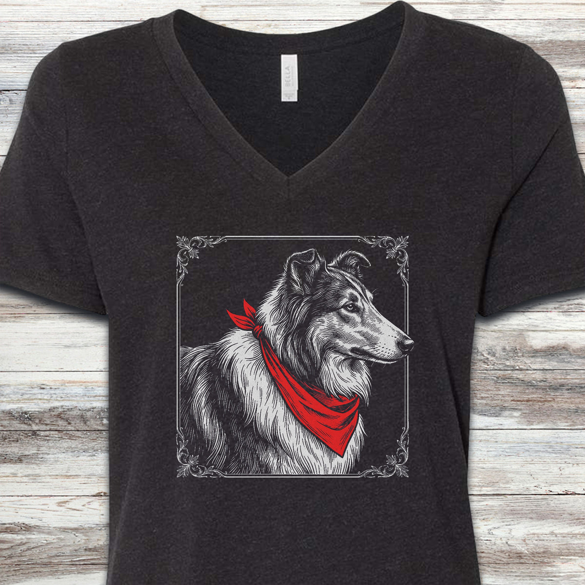 Rough Collie Etching V-Neck Tee - Black Heather