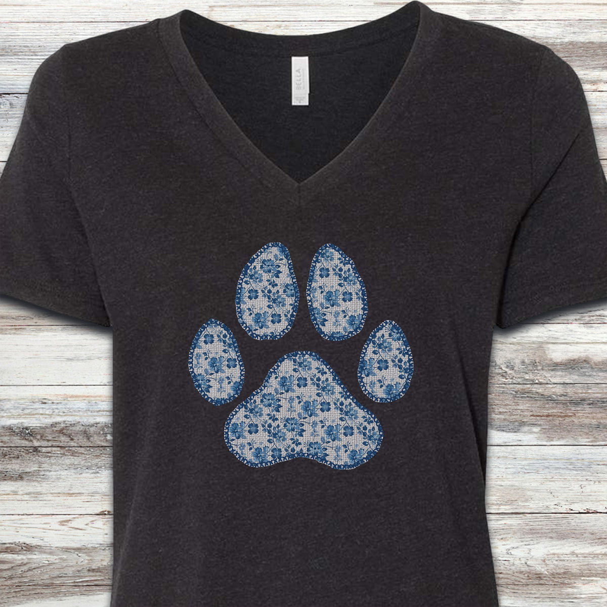 Blue Floral Paw Print V-Neck Tee - Black Heather