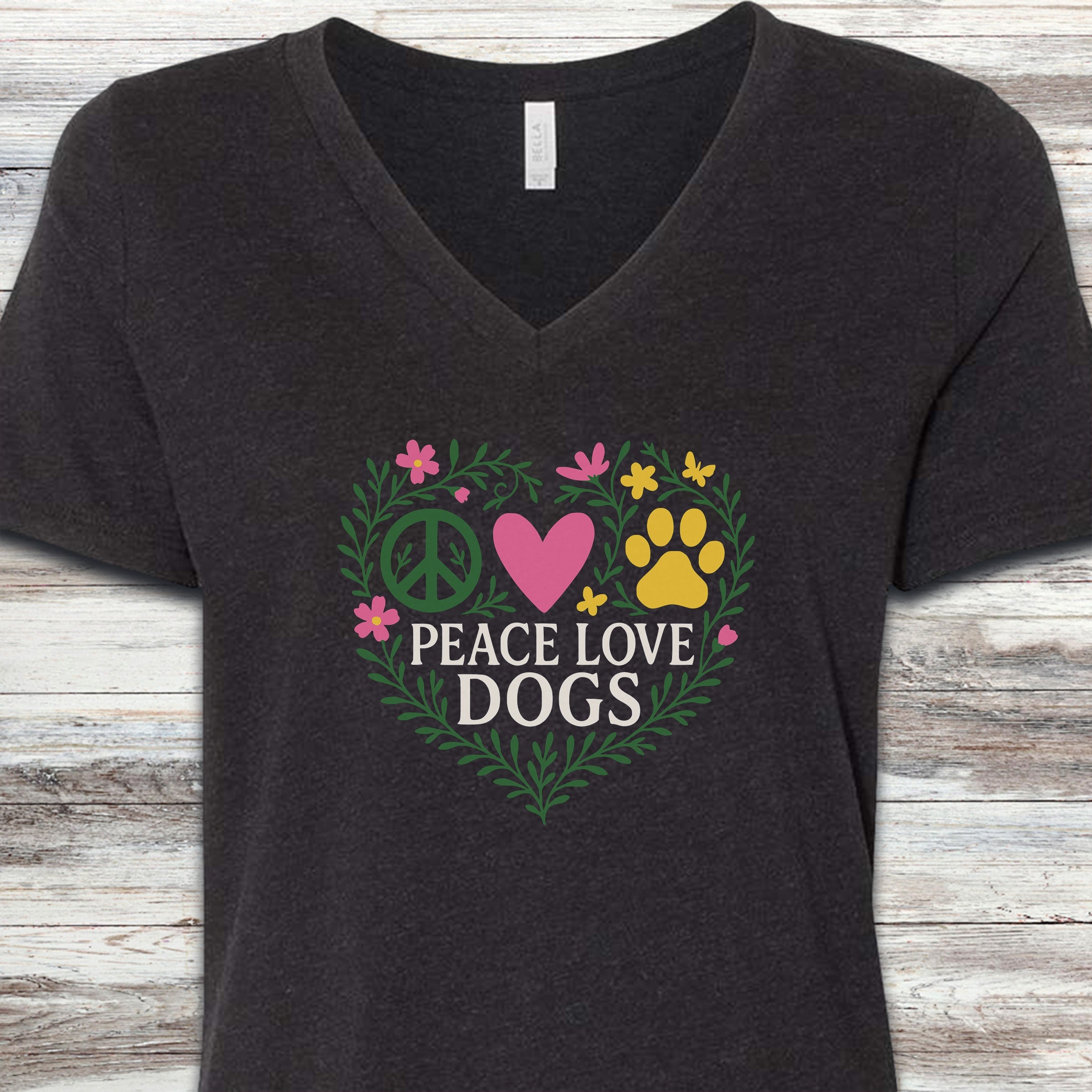 Peace Love Dogs Floral V-Neck Tee - Black Heather