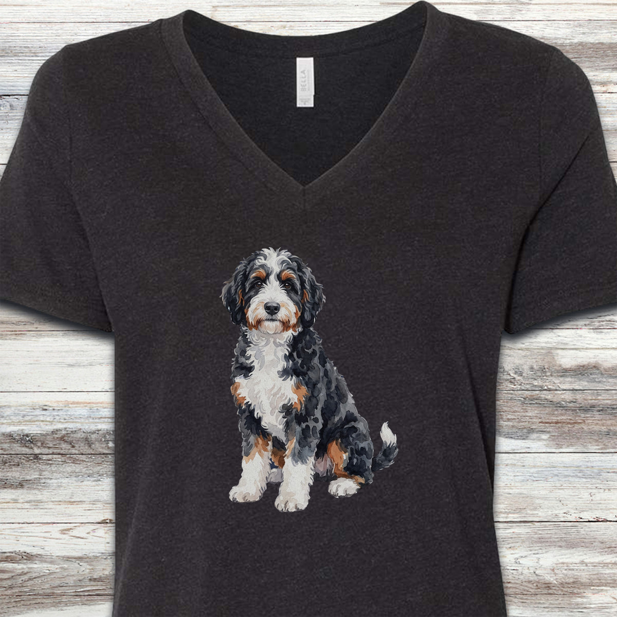 Bernedoodle Watercolor V-Neck Tee - Black Heather