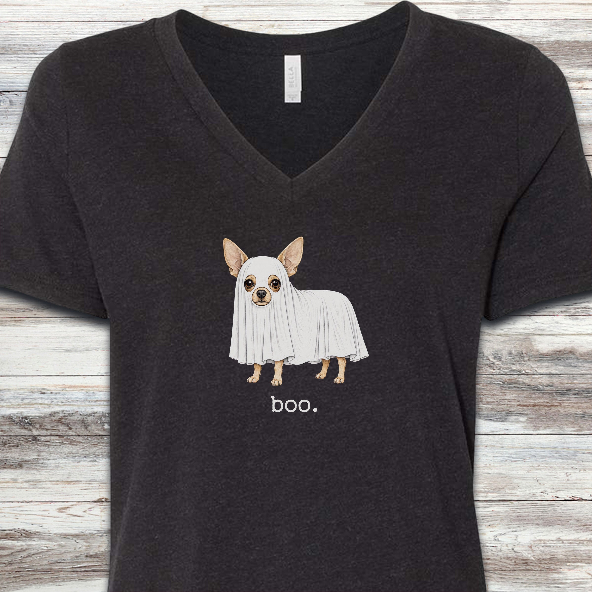 Chihuahua Boo V-Neck Tee - Black Heather