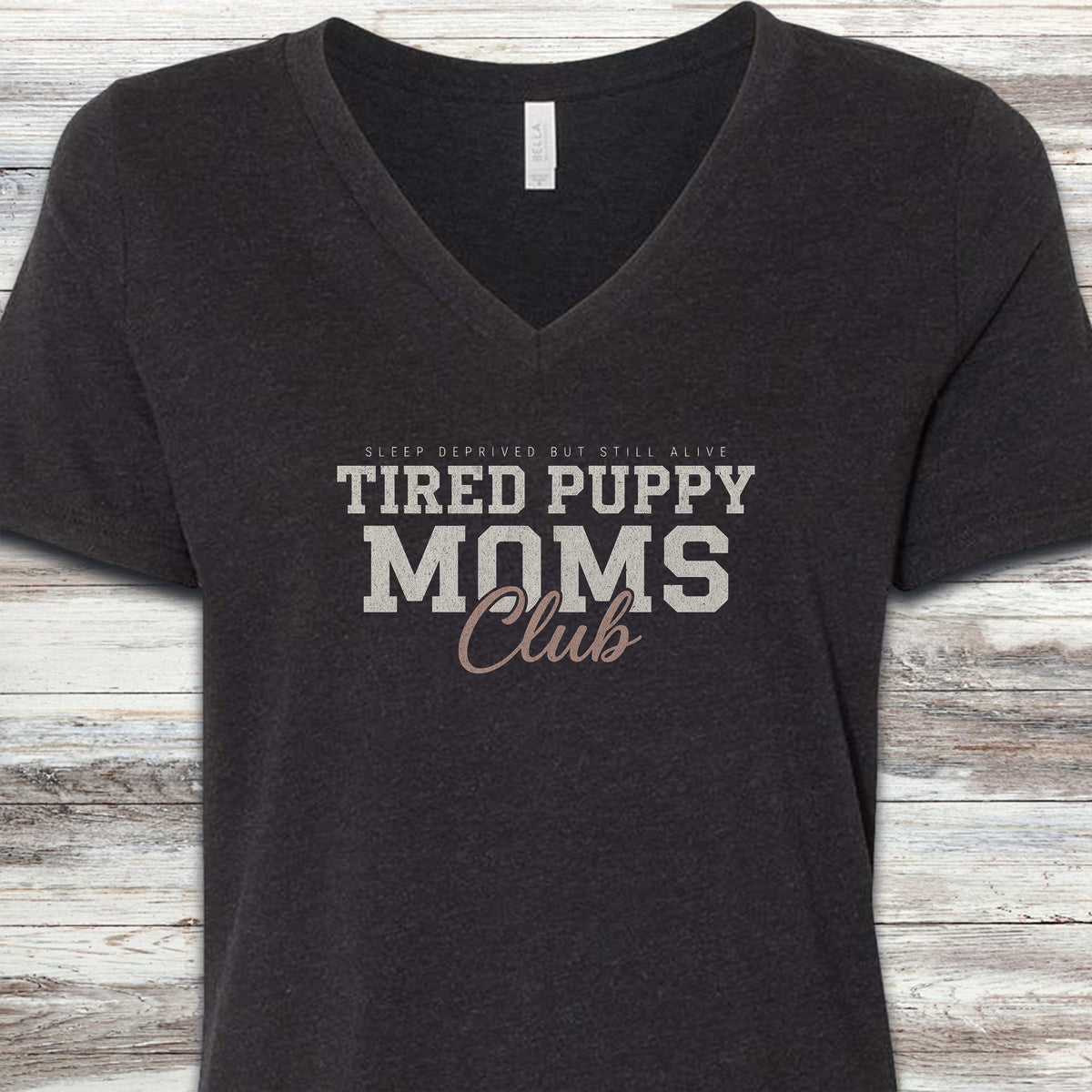 Tired Puppy Mom V-Neck Tee - Black Heather