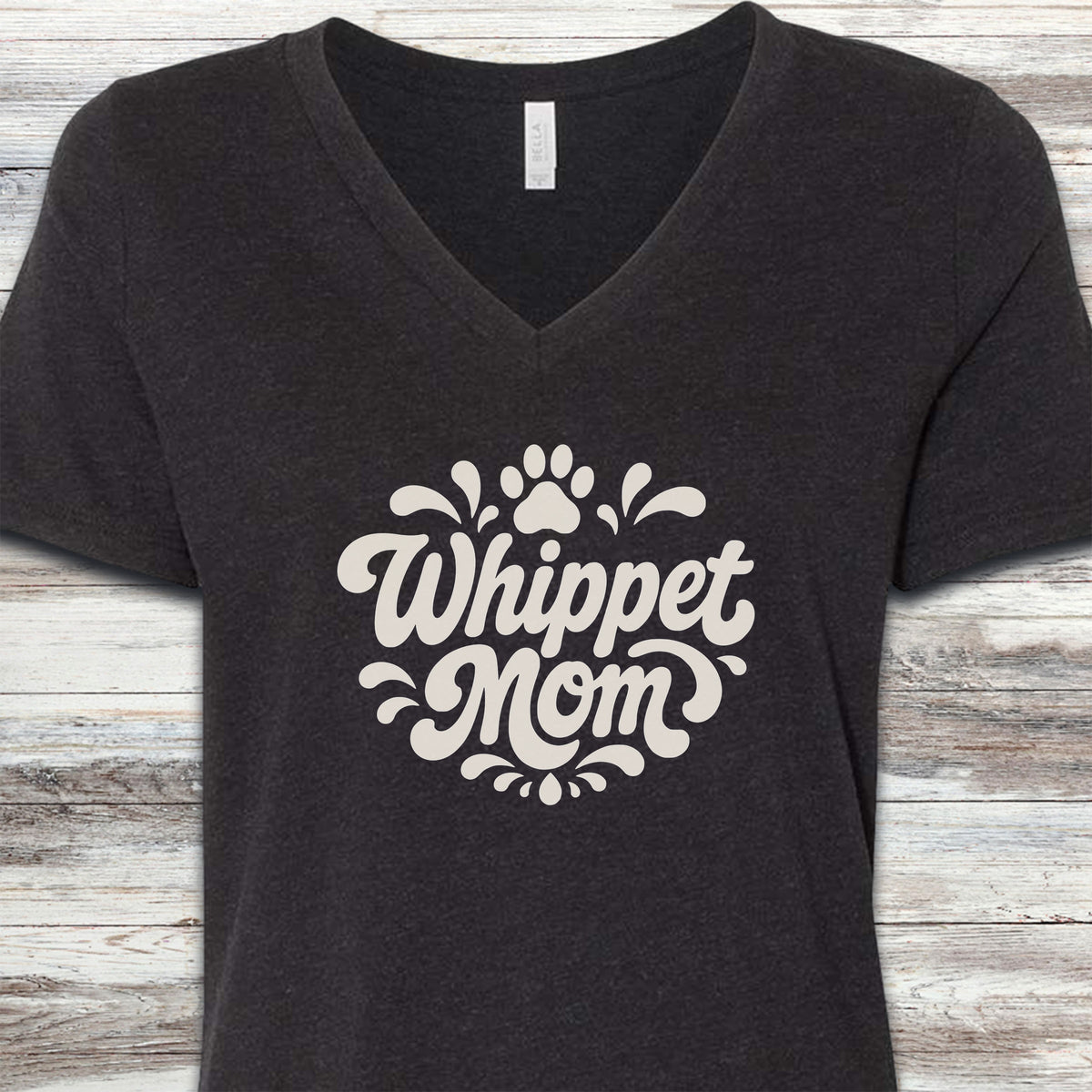 Whippet Groovy Mom V-Neck Tee - Black Heather