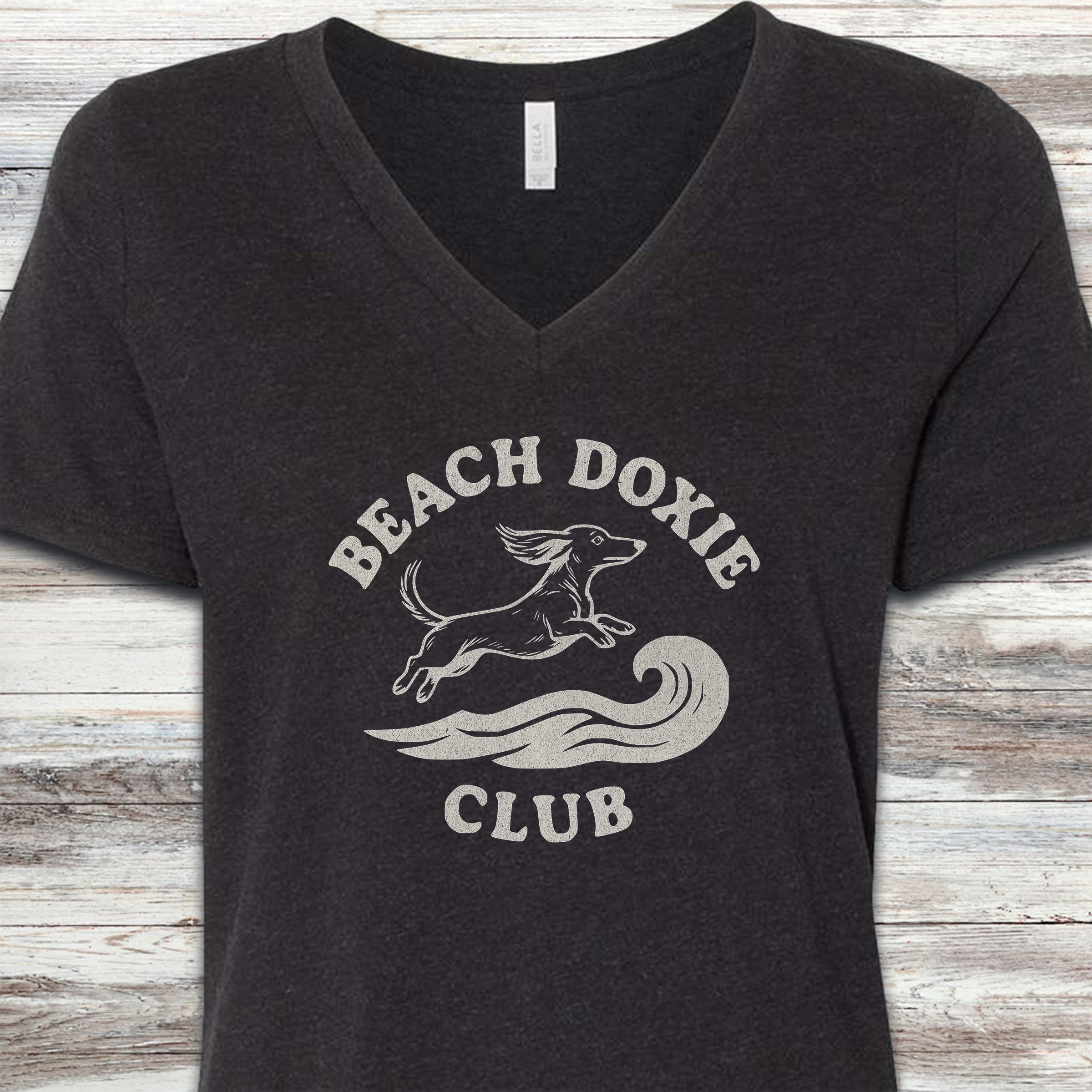 Dachshund Beach Doxie V-Neck Tee - Black Heather