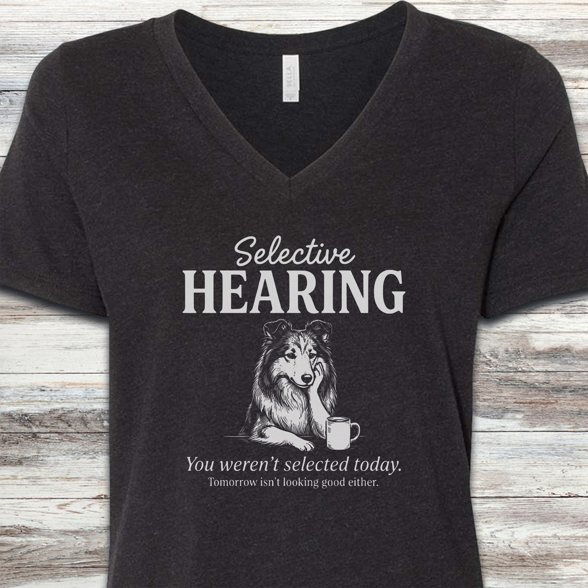Rough Collie Selective Hearing V-Neck Tee - Black Heather