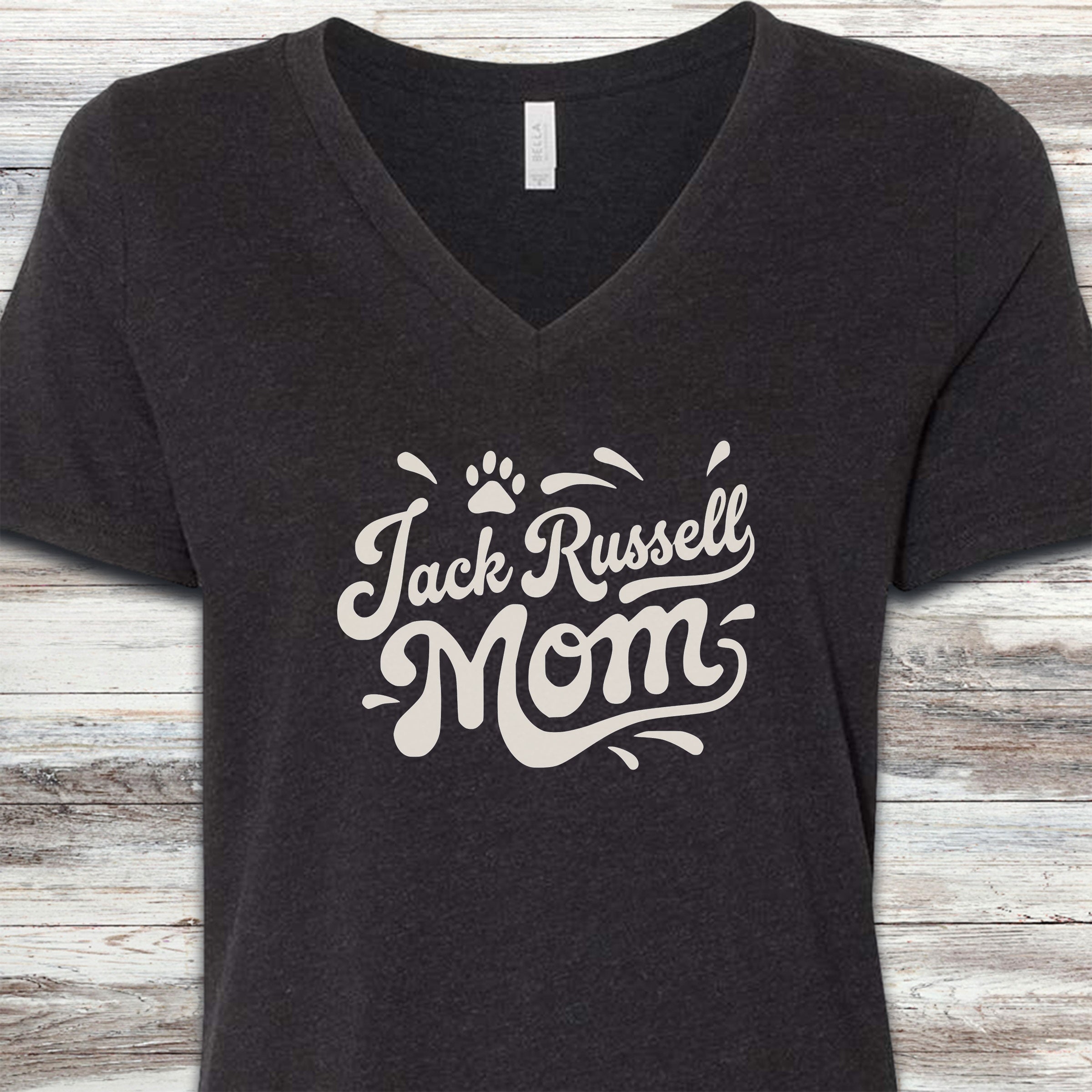 Jack Russell Groovy Mom V-Neck Tee - Black Heather