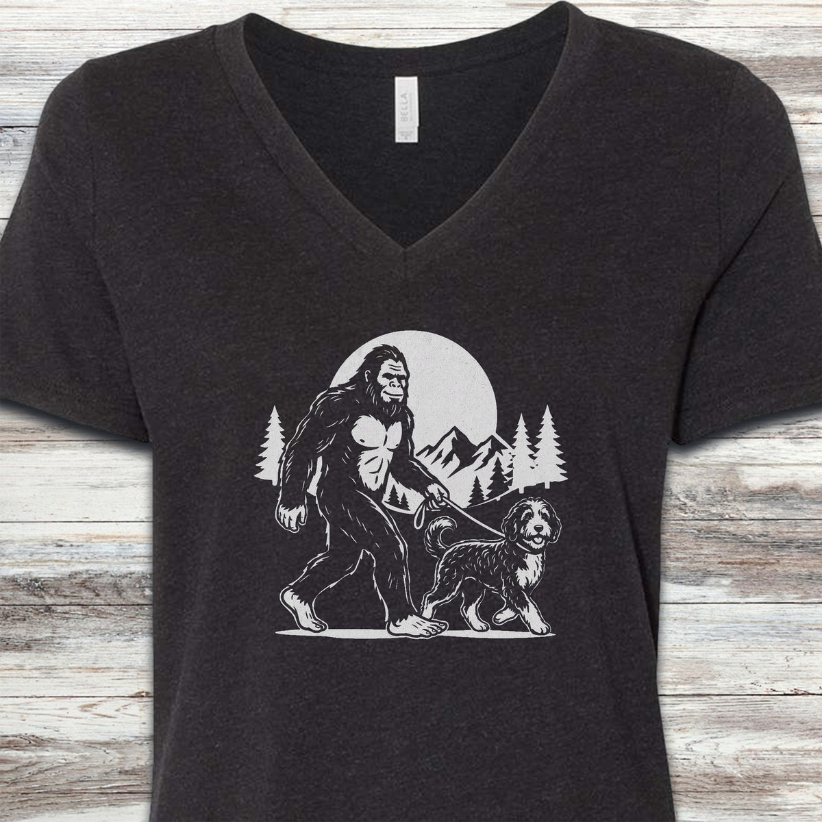 Bernedoodle & Bigfoot V-Neck Tee - Black Heather