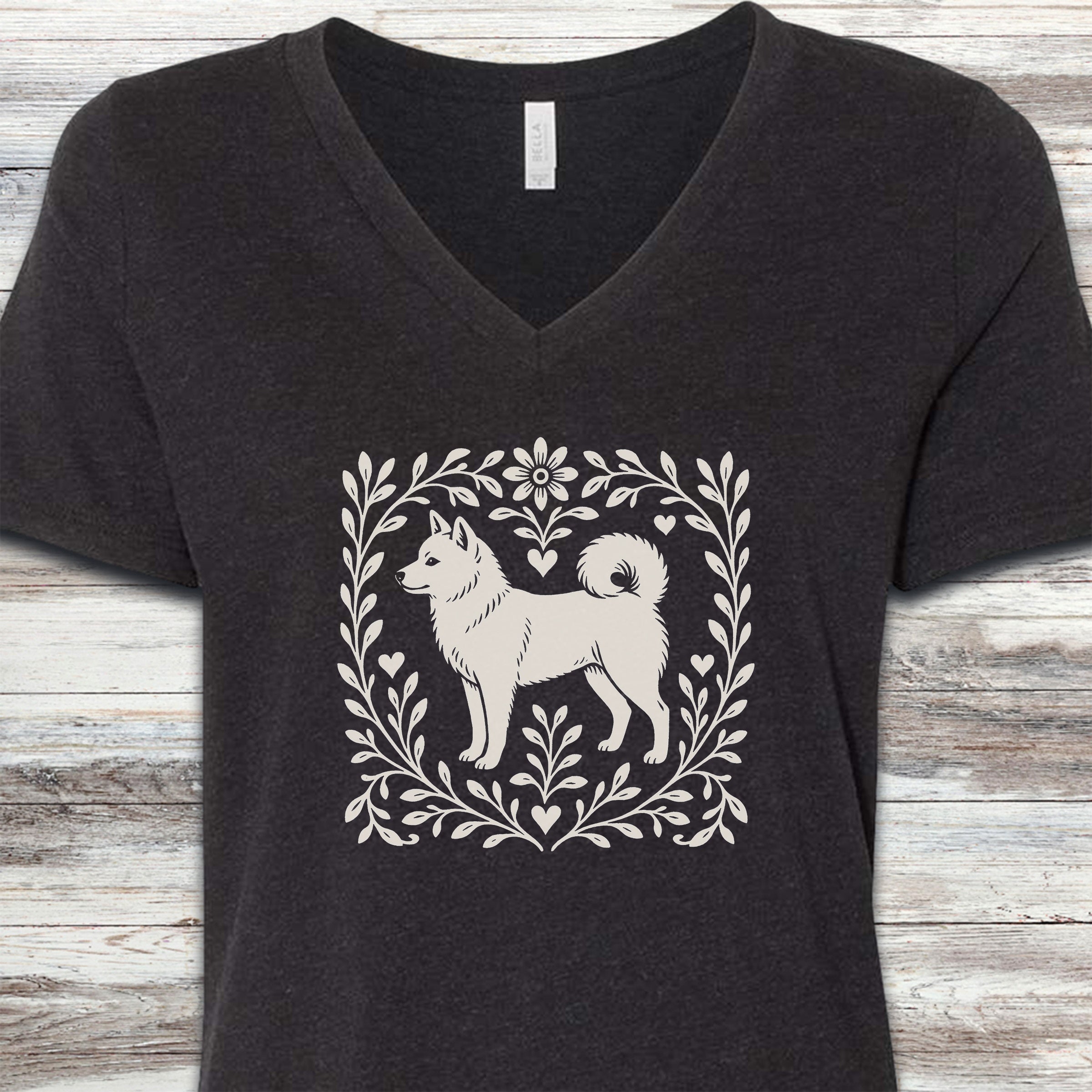 Shiba Inu Linocut V-Neck Tee - Black Heather