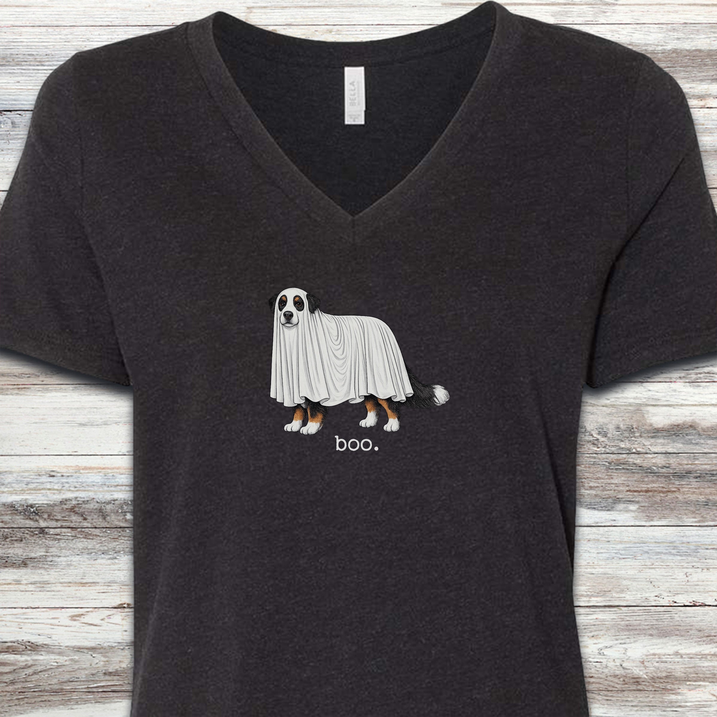 Bernese Mountain Dog Boo V-Neck Tee - Black Heather