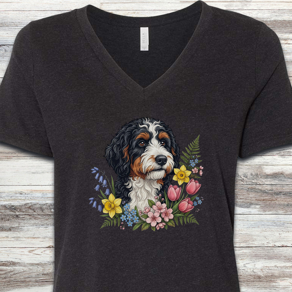 Bernedoodle Spring Portrait V-Neck Tee - Black Heather