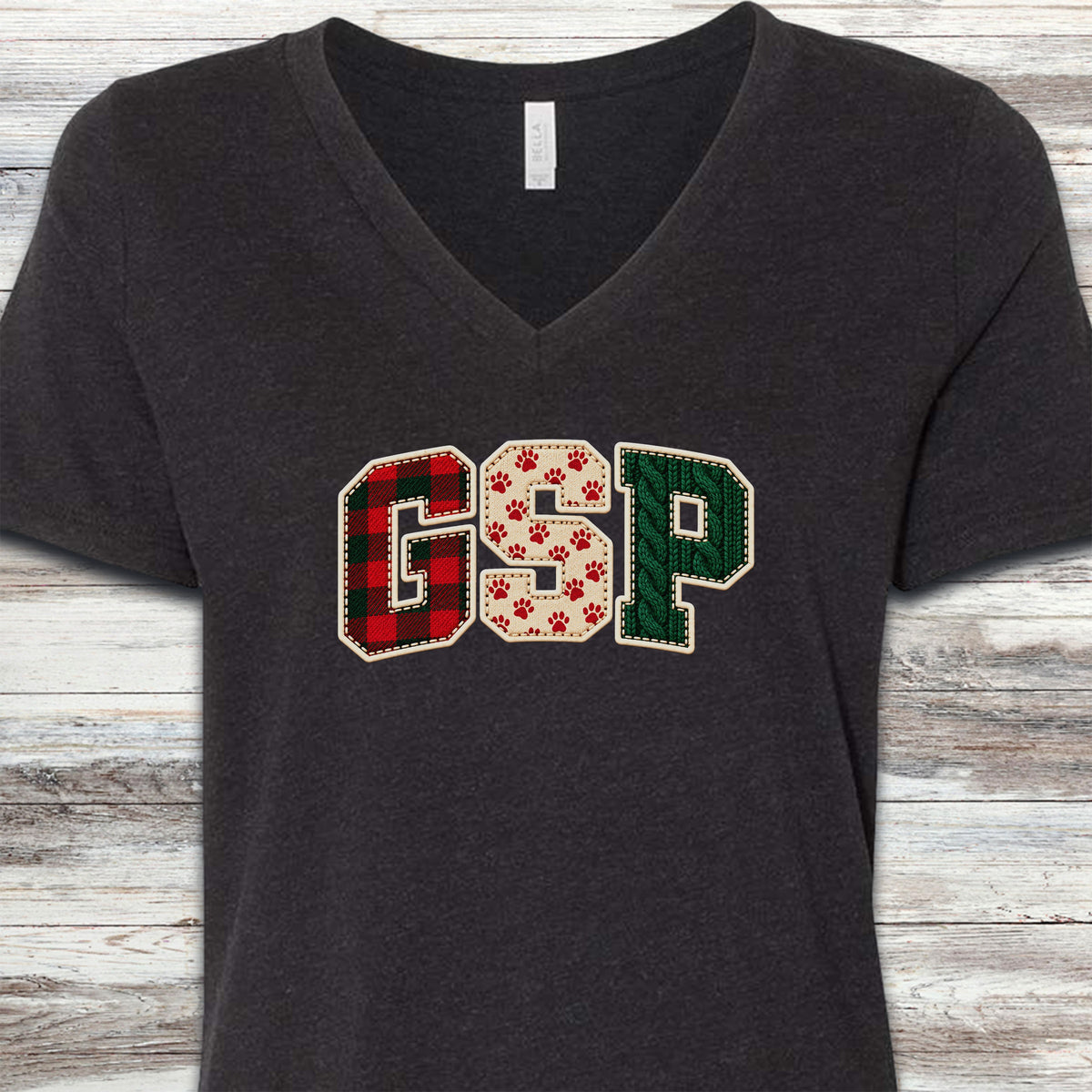 German Shorthaired Pointer Holiday Faux Patchwork V-Neck Tee - Black Heather