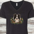 Border Collie Winter Greenery Faux Embroidery V-Neck Tee - Black Heather
